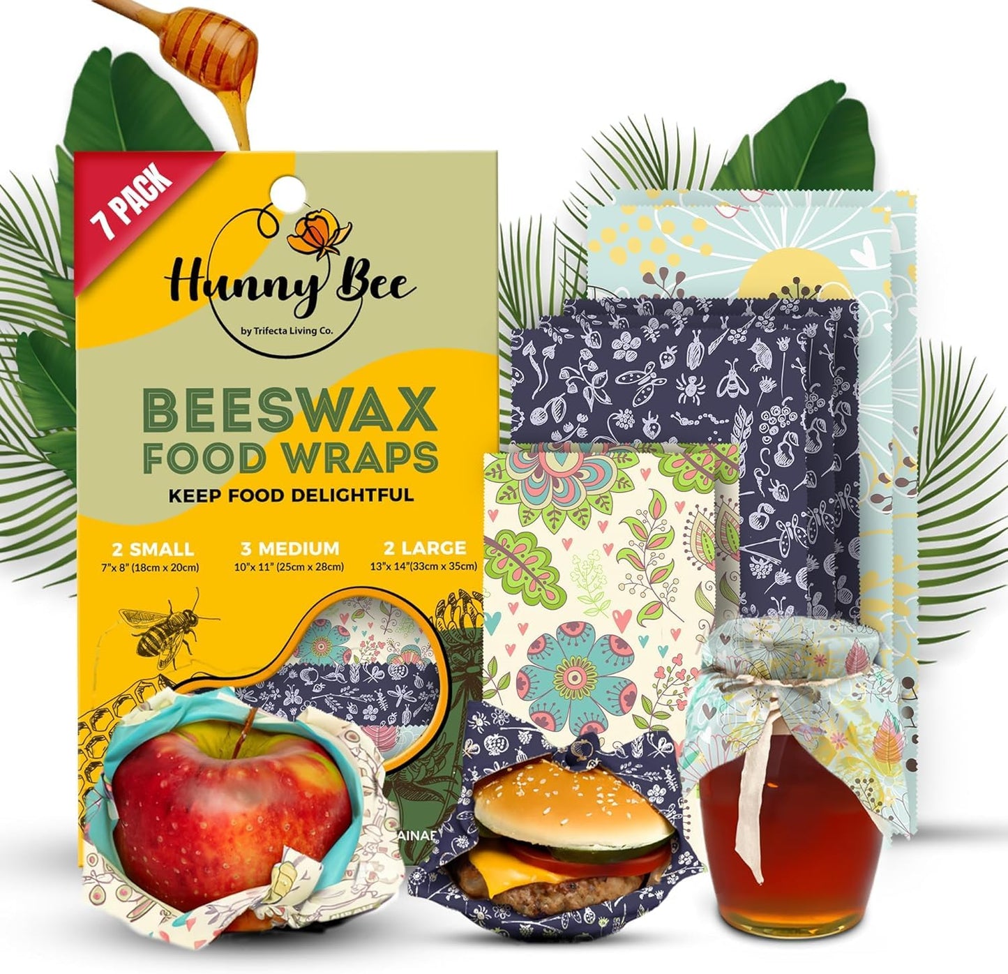 Trifecta Living Co. Versatile Beeswax Wraps,Set of 7-Fresh Food Keeper, Durable & Easily Cleaned, Sustainable Step Towards a Zero-Waste Kitchen, Unique Designs (Pineapple, Cactus, Star)