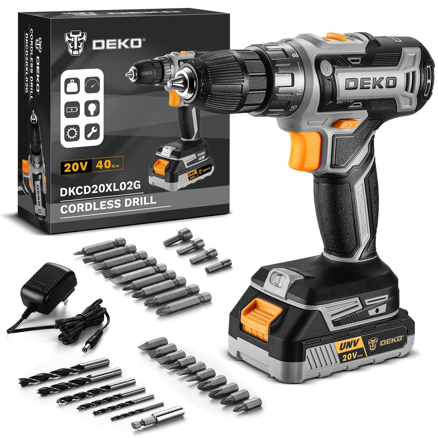 Power Drill Cordless: DEKO PRO Cordless Drill 20V Electric Power Drills Set Tool Drills Cord-less Set with Battery and Charger