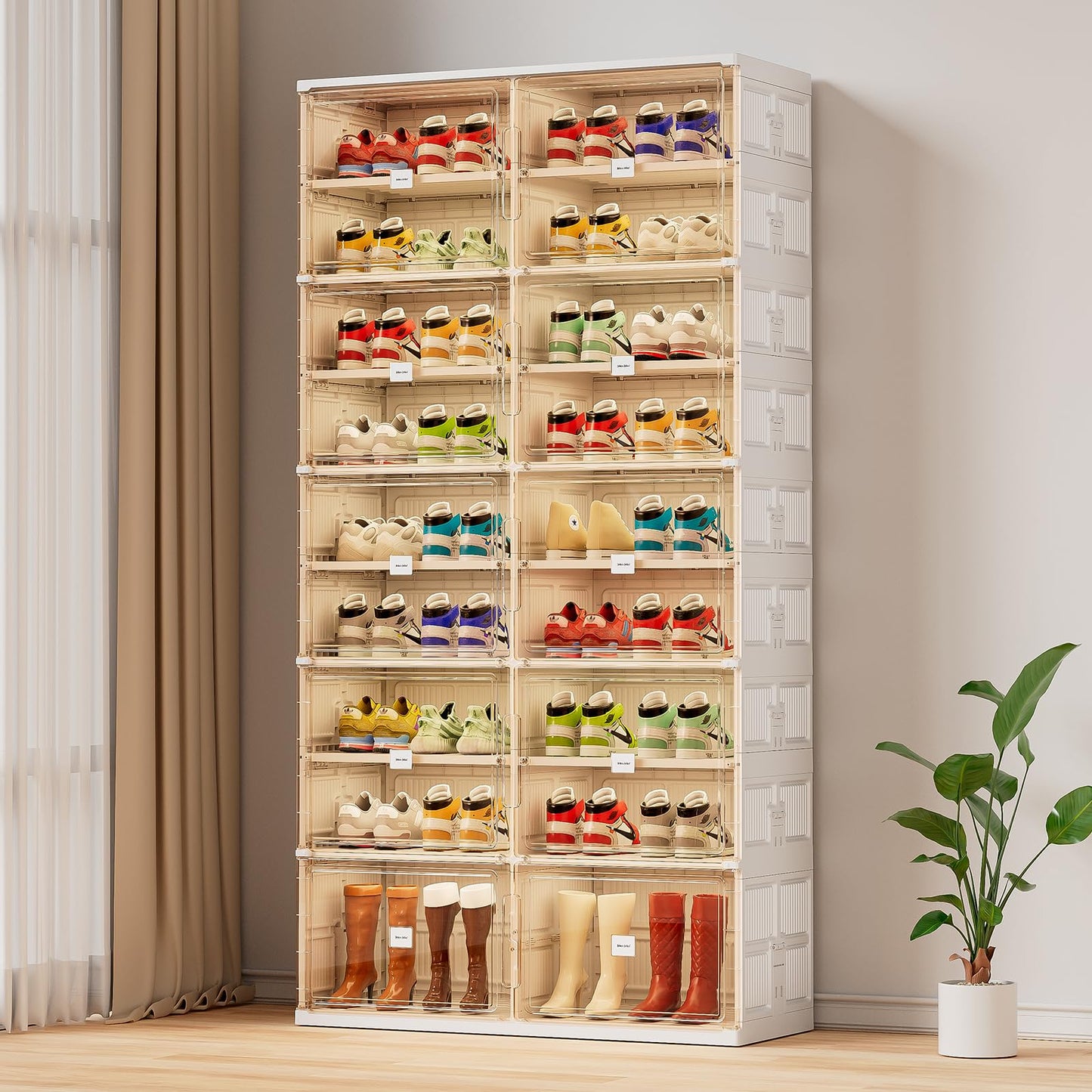 JEKO&JEKO 9 Tiers 36 Pairs Foldable Shoe Rack Organizer for Closet Entryway, Large Collapsible Shoe Storage Organizer Cabinet with Magnetic Doors (White)