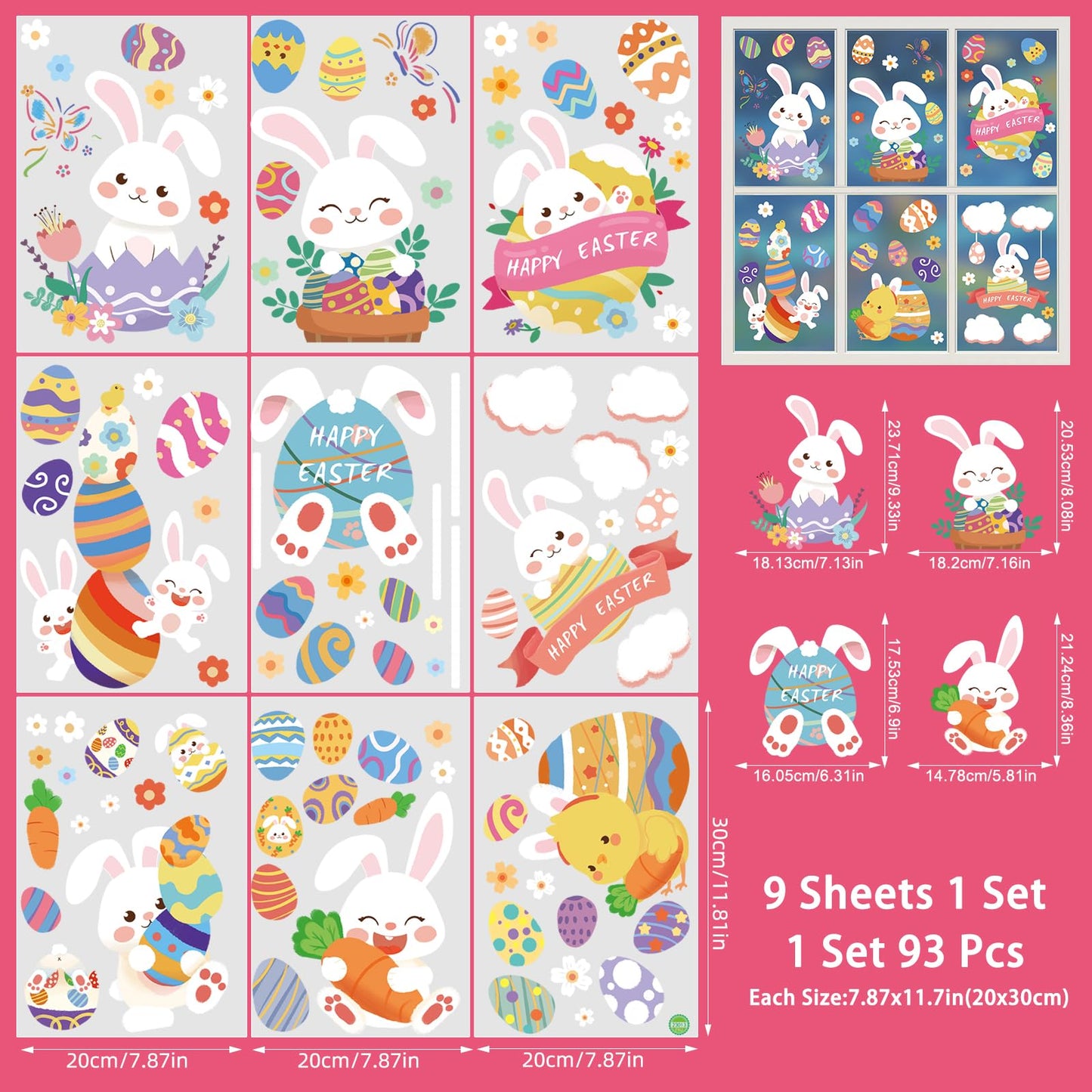 Easter Decorations Window Clings - 9 Sheets of Easter Window Stickers for Glass Windows - Spring Window Clings for Easter Decor - Perfect Easter Gifts (Cute Bunny)