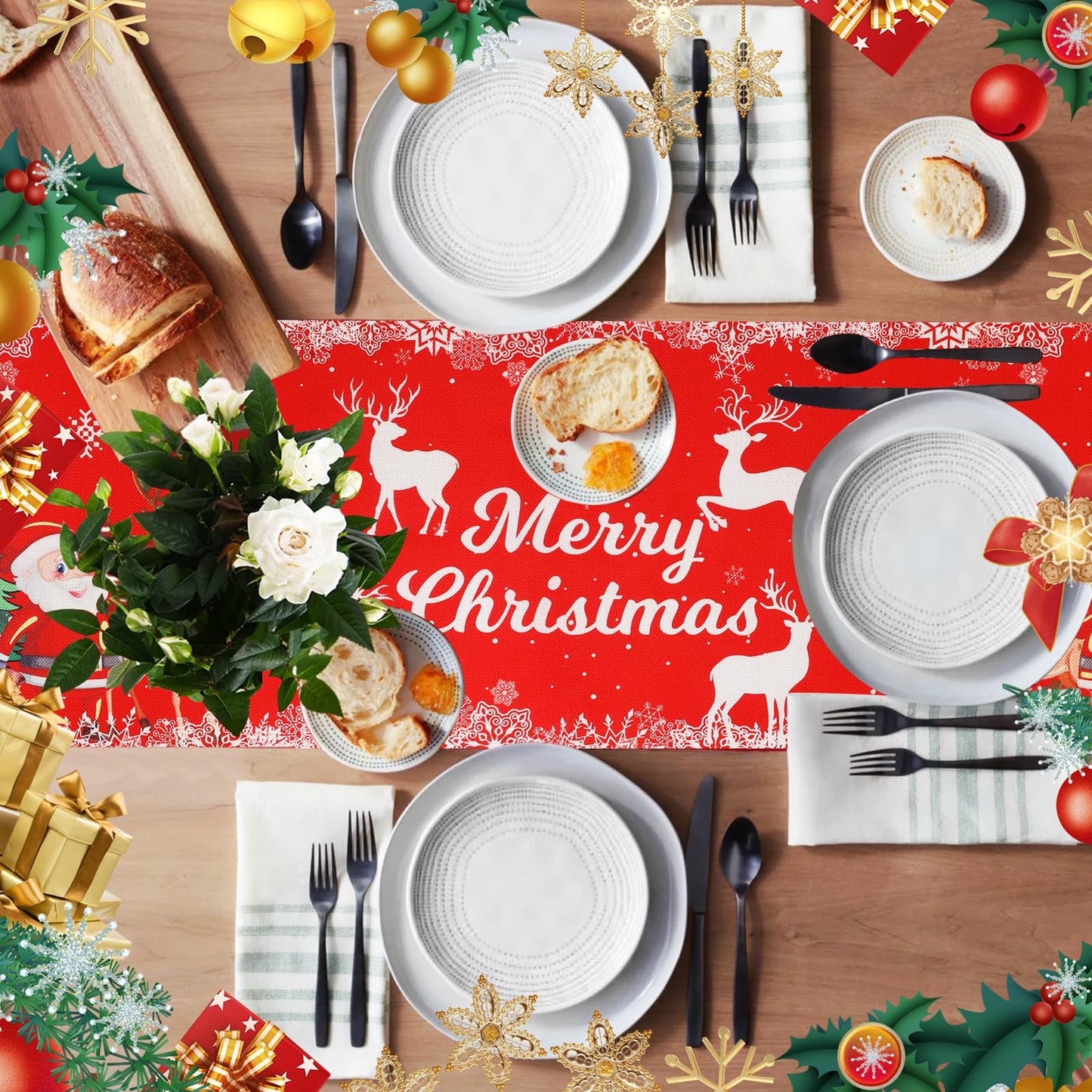 Merry Christmas Table Runner, Linen Christmas Trees Table Runner Red Merry Xmas Table Runner Long Seasonal Winter Holiday Kitchen Dining Table Decoration for Indoor Outdoor Home Party Christmas Decor