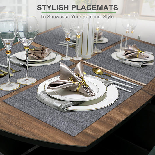 BETEAM Placemats Set of 6 Woven Vinyl Placemat for Dining Table Washable Wipeable Kitchen Place Mats Durable Indoor Outdoor Table Mats -01 Grey, 6 Pcs