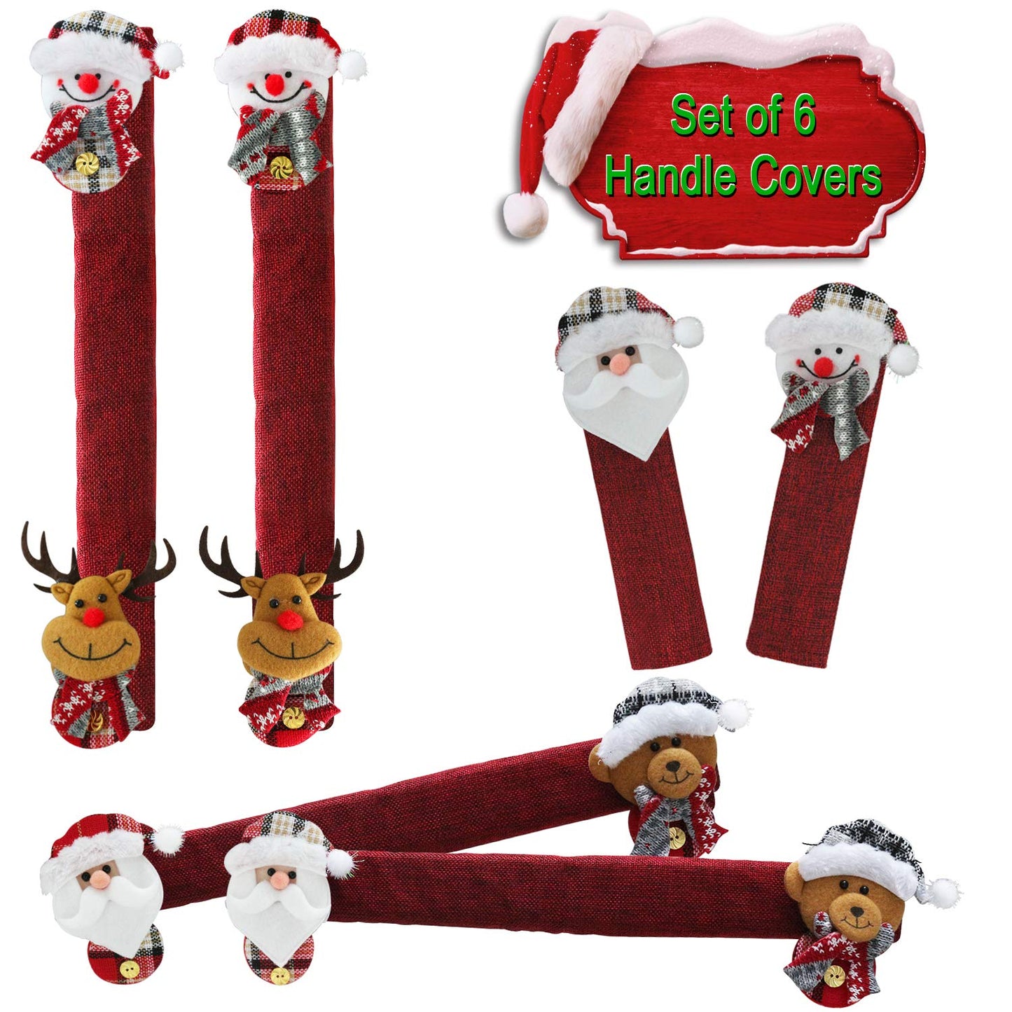Mosoan Christmas Decorations Indoor 6 Pack Christmas Refrigerator Fridge Door Handle Covers, Santa Snowman Christmas Kitchen Decor Appliance Handle Cover Xmas Holiday Decor