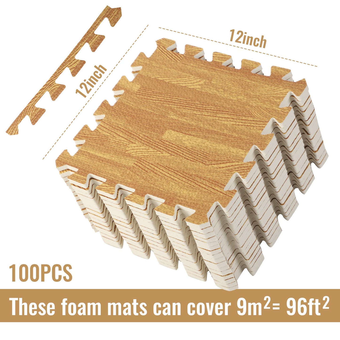 Wood Grain Floor Foam Mats with Border, Wood Printed Interlocking Foam Tiles Anti Fatigue Flooring Mat (Light Brown,12 x 12 Inch)