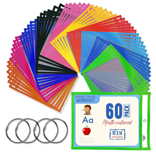 60 Packs Oversized Dry Erase Pockets Sleeves Reusable - 10x14 Dry Erase Sheets Ticket Holders 10 Assorted Colors with 4 Rings, Clear Pocket Sleeves for Classroom Organization, Teaching School Supplies