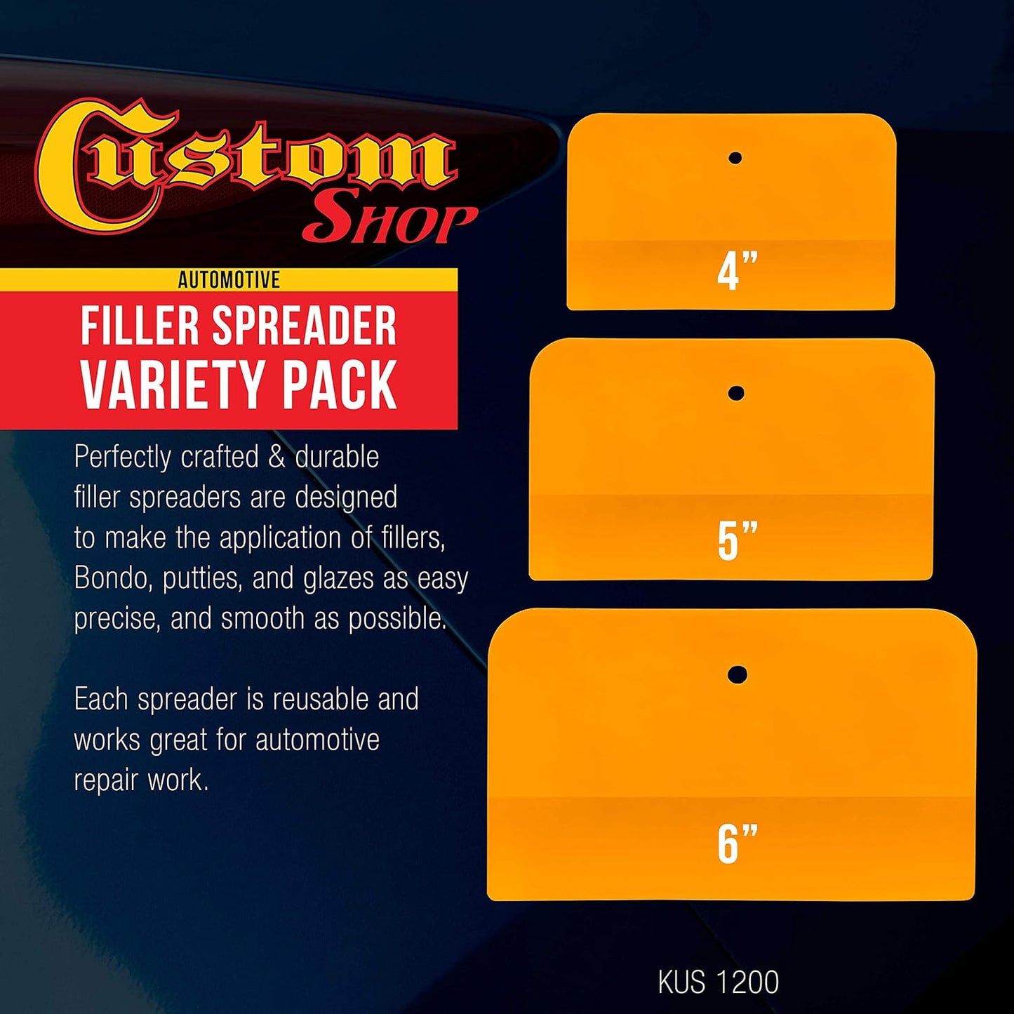 Custom Shop 4, 5, & 6 Inch Plastic Body Filler Spreader Tools for Automotive Body Fillers, Putties, Glazes, Epoxy Resin, Caulk, Glues - Plastic Spreader Tool Variety Pack