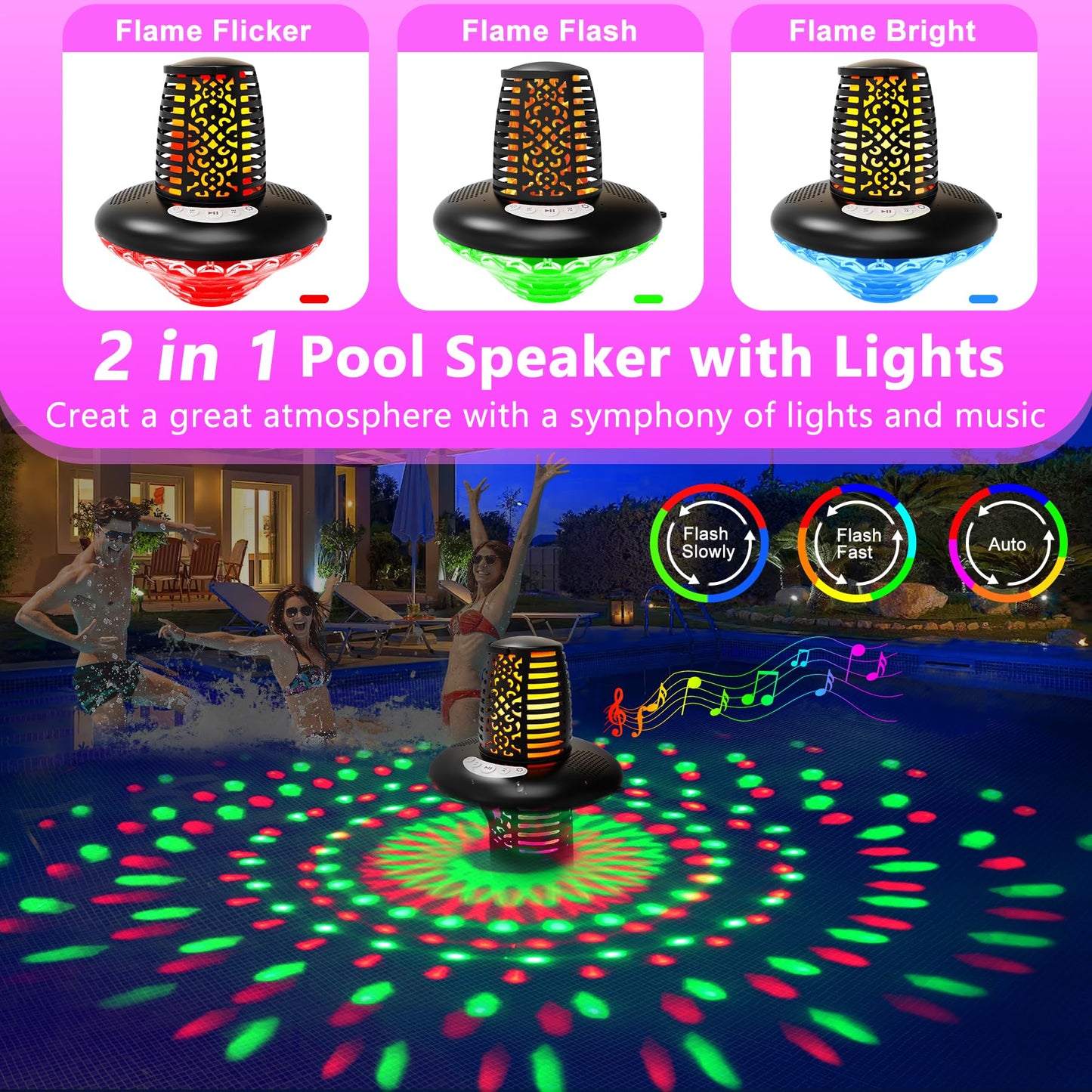 KingSom Floating Pool Speaker,Bluetooth Pool Speaker with LED Flame Light and RGB Light,IP68 Waterproof Bluetooth Speakers,Loud Stereo Sound,TWS Pairing,Built-in Mic,Hot Tub Speakers,Black