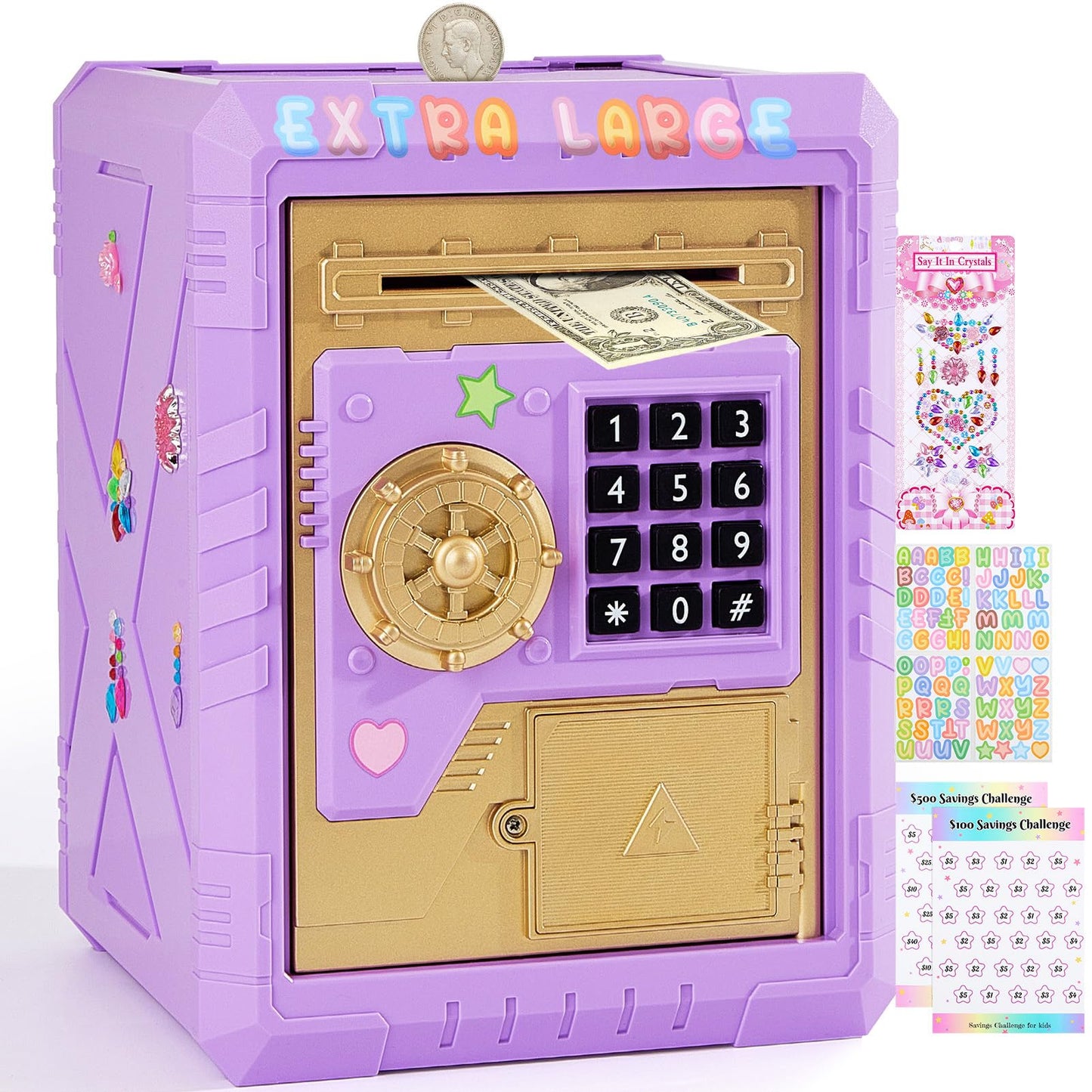 Large ATM Piggy Bank for Kids Electronic Bank with Password Lock, Safe Coin Bank for Boys and Girls Cash Savings Box for Children, Purple