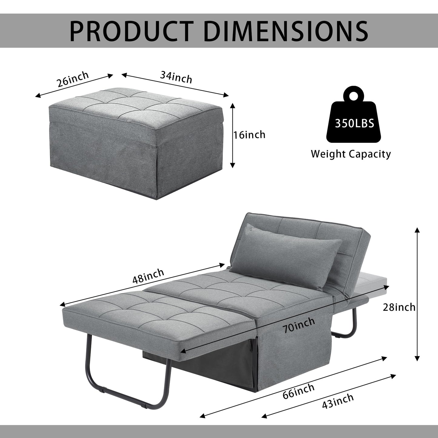 BIGSYY Sofa Bed, 4 in 1 Multi Function Folding Ottoman Sleeper Bed,Modern Convertible Chair Adjustable Backrest Sleeper Couch Bed for Living Room Small Room Apartment, Light Grey