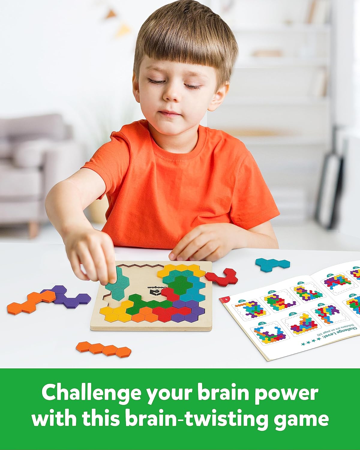 Coogam Wooden Tangram Puzzle, Color Shape Pattern Jigsaw Brain Teasers 3D Logic IQ Game Geometric Blocks Montessori STEM Educational Toys Gift for All Age