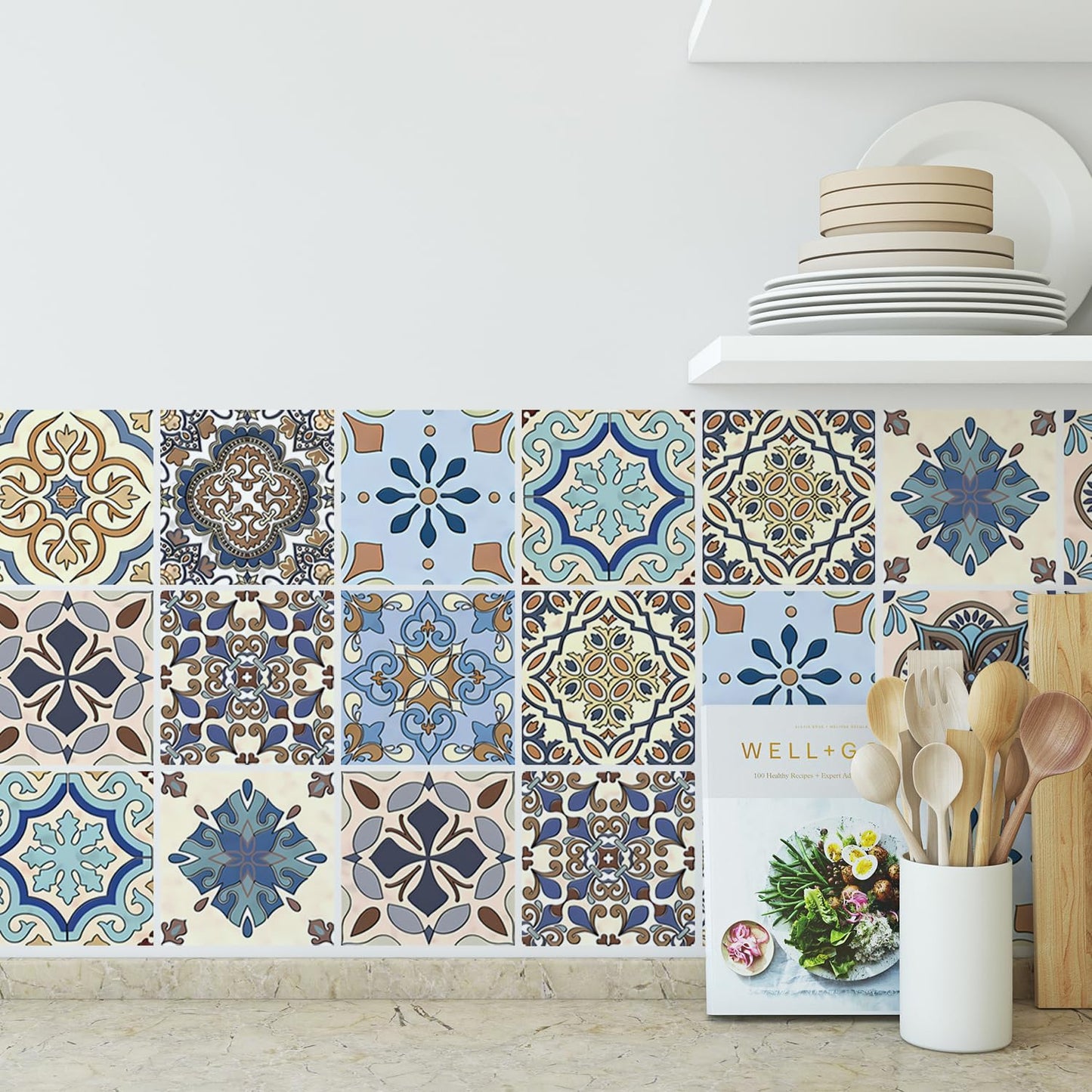 Moroccan Tile Stickers 30-Pack, 4x4inch – Peel and Stick Vinyl Decals, Waterproof Removable Backsplash Tiles for Kitchen, Bathroom & Furniture Decor