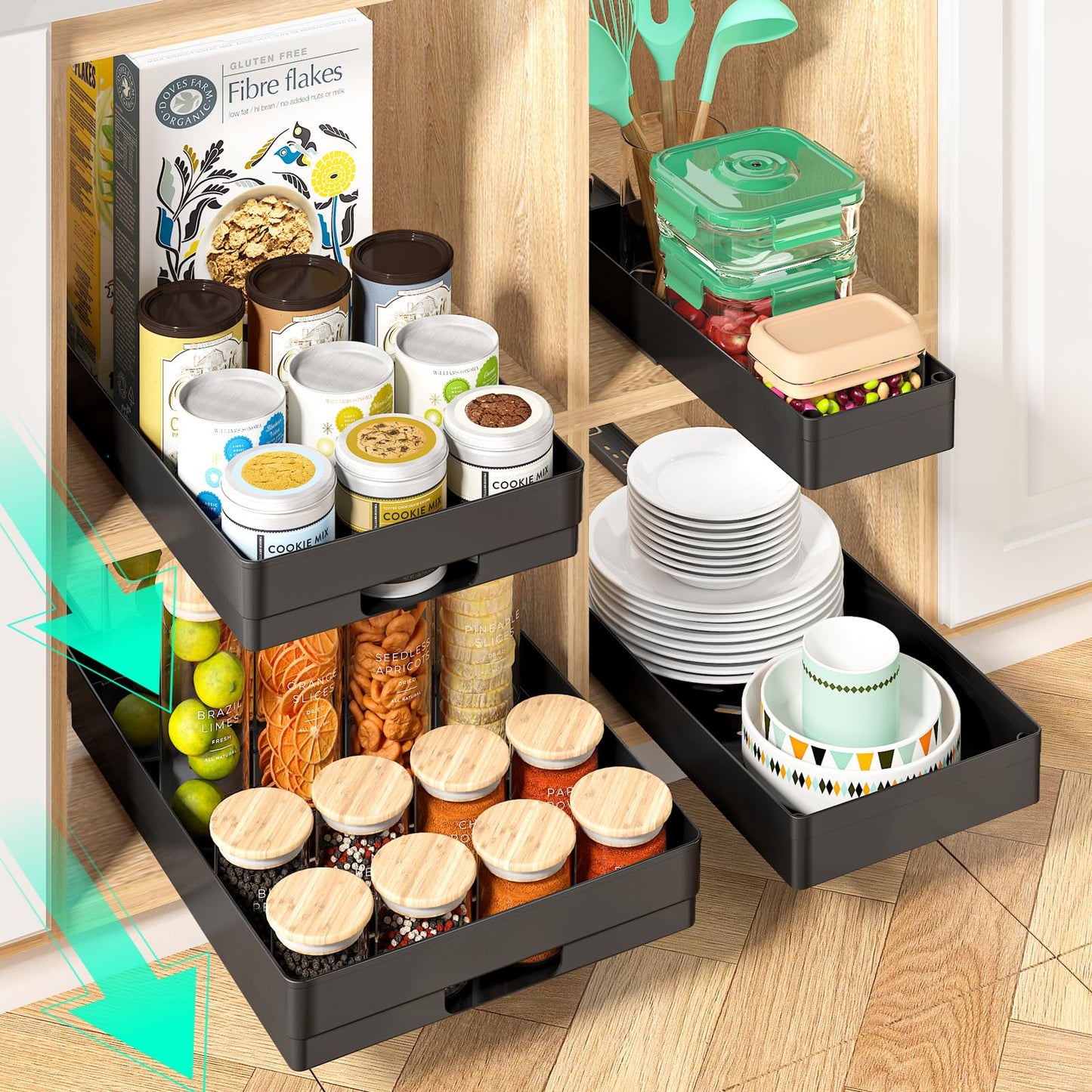 4 Pack Pull Out Cabinet Organizer, Different Size Pull Out Drawers for Cabinets, Slide Out Drawers for Kitchen Cabinets Fixed with Nano Adhesive, Multifunctional Drawer Organizers (Black)