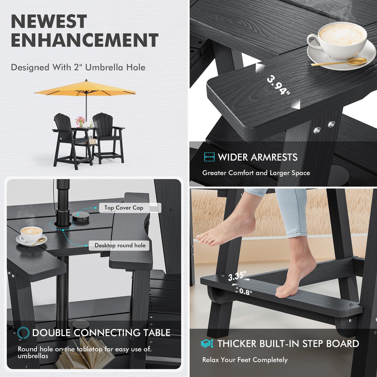 PatioPerk Tall Adirondack Chair Set of 2 with Double Connecting Tray, Recycled HDPE with Wood Grain, Weather Resistant, Outdoor Adirondack Chairs for Deck, Balcony, Patio, Backyard, Black