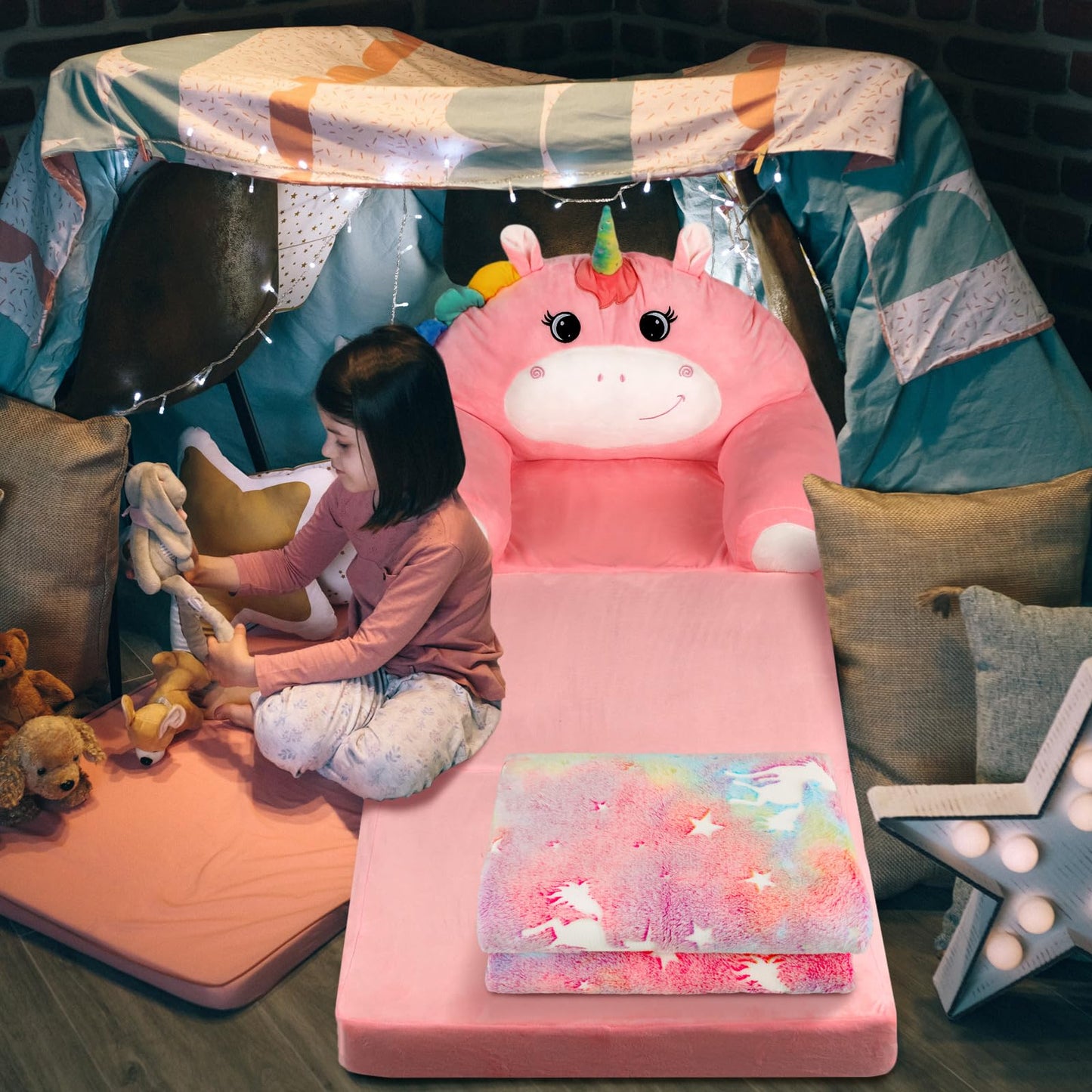 Burbell Toddler Chairs Comfy Unicorn Toddler Couches That Fold Out with Blanket 2-in-1 Kids Fold Out Couch Velvet Child Foldable Convertible Sofa to Lounger for 1-7 Years Old (Pink)