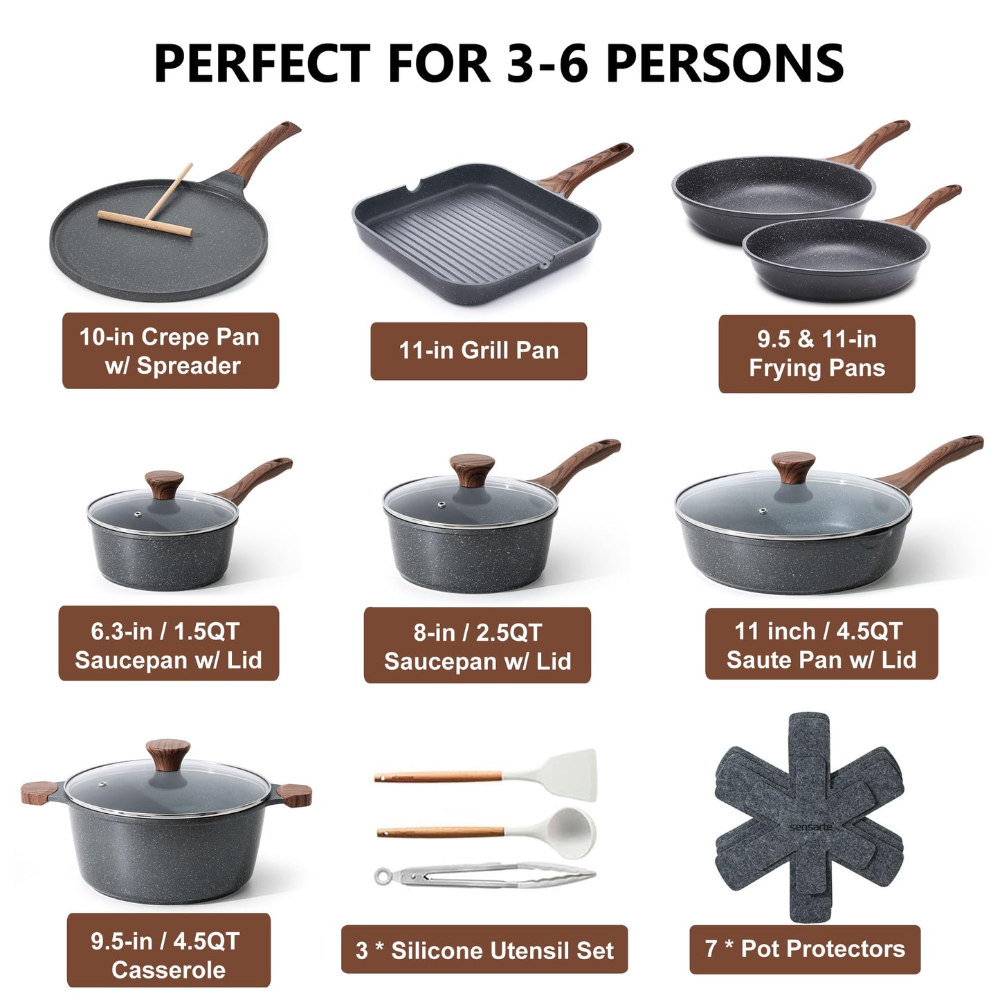SENSARTE Nonstick Cookware Set 23-Piece, Non Stick Pots and Pans Set with Swiss Granite Coating, Healthy Kitchen Cooking Set, Stay-Cool Handles