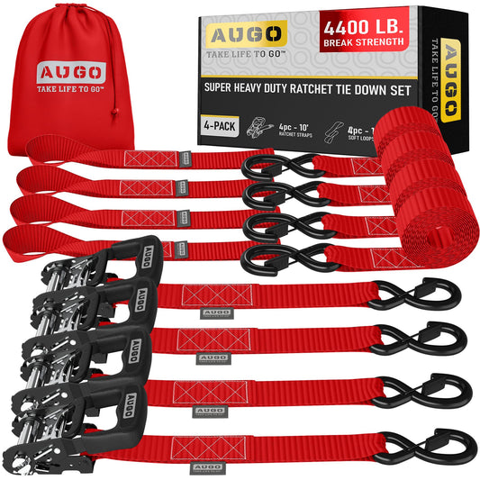 AUGO Ratchet Straps Heavy Duty 4 Pack -15 FT - 2200 LB Break Strength – with Safety Lock S Hooks - Cargo Straps for Moving, Appliances, Motorcycle – Soft Loop Tie Down Straps
