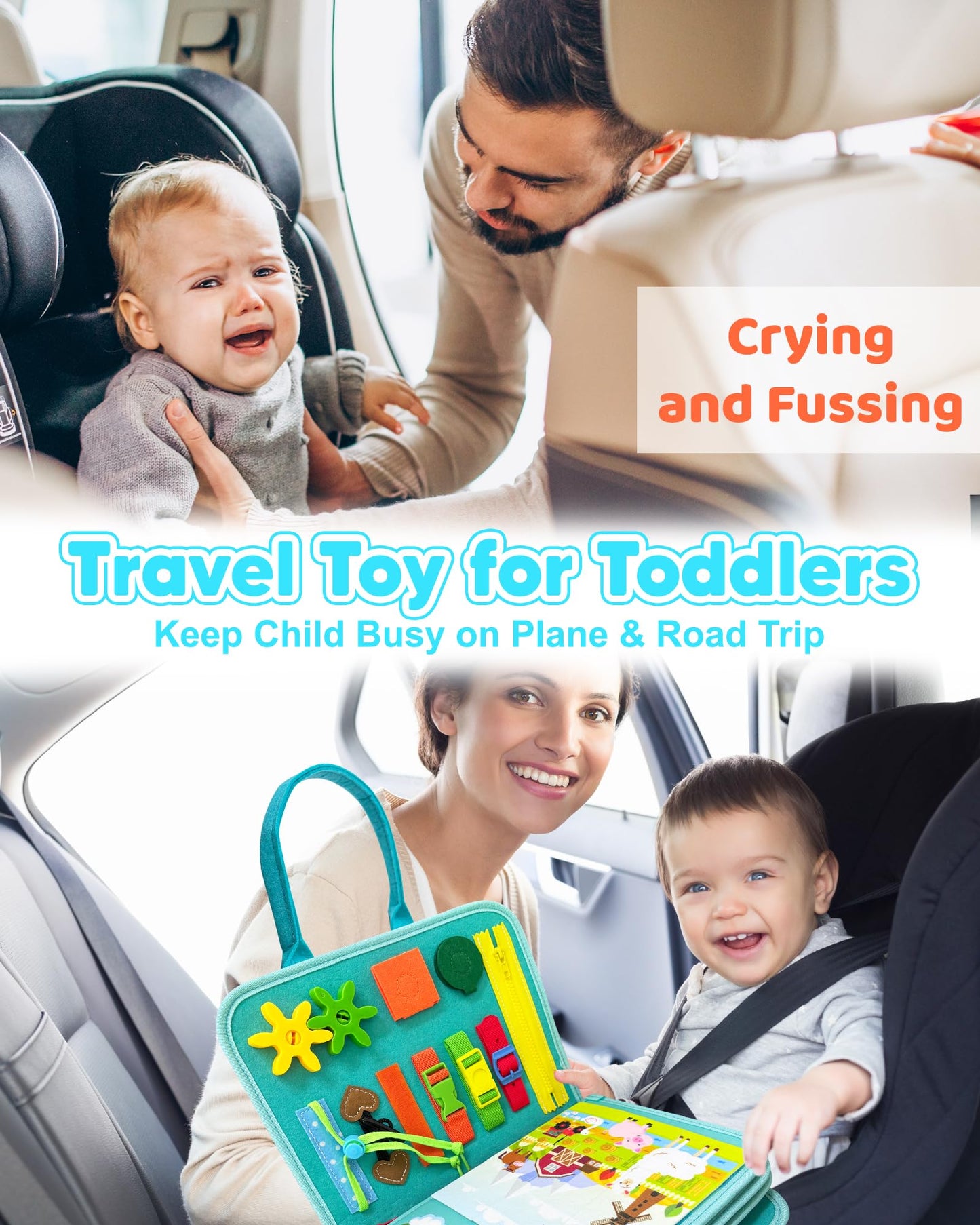 Walenty Busy Board Montessori Toys for Toddler Boy Girl Birthday Gifts, Busy Book Sensory Learning Toys for Toddlers, Educational Activities Airplane Car Travel Toy for Toddlers