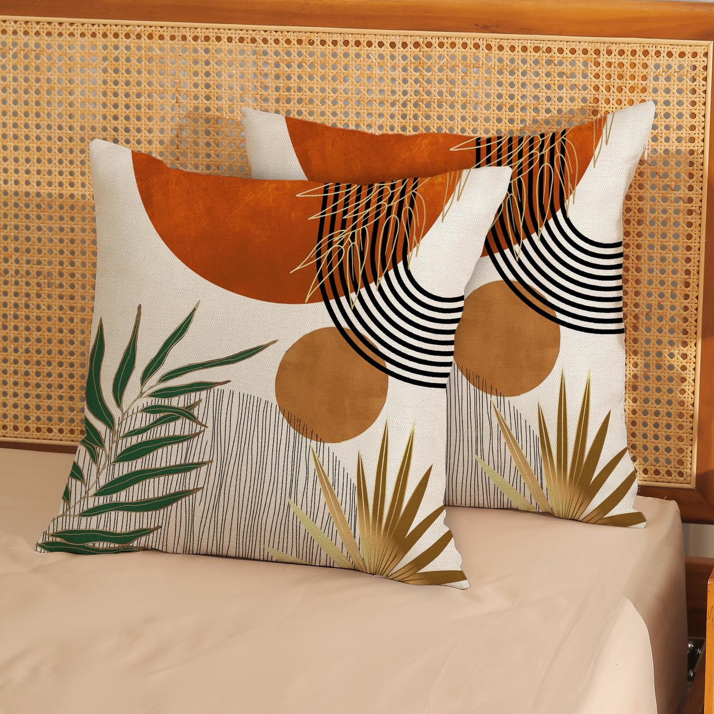 GOLIANDA Boho Pillow Covers 20x20 Set of 2 Green Gold Orange Throw Pillows Tropical Leaves Sunset Modern Mid Century Decorative Pillowcase Outdoor Bohemian Linen Cushion Case for Couch Sofa Bed Decor