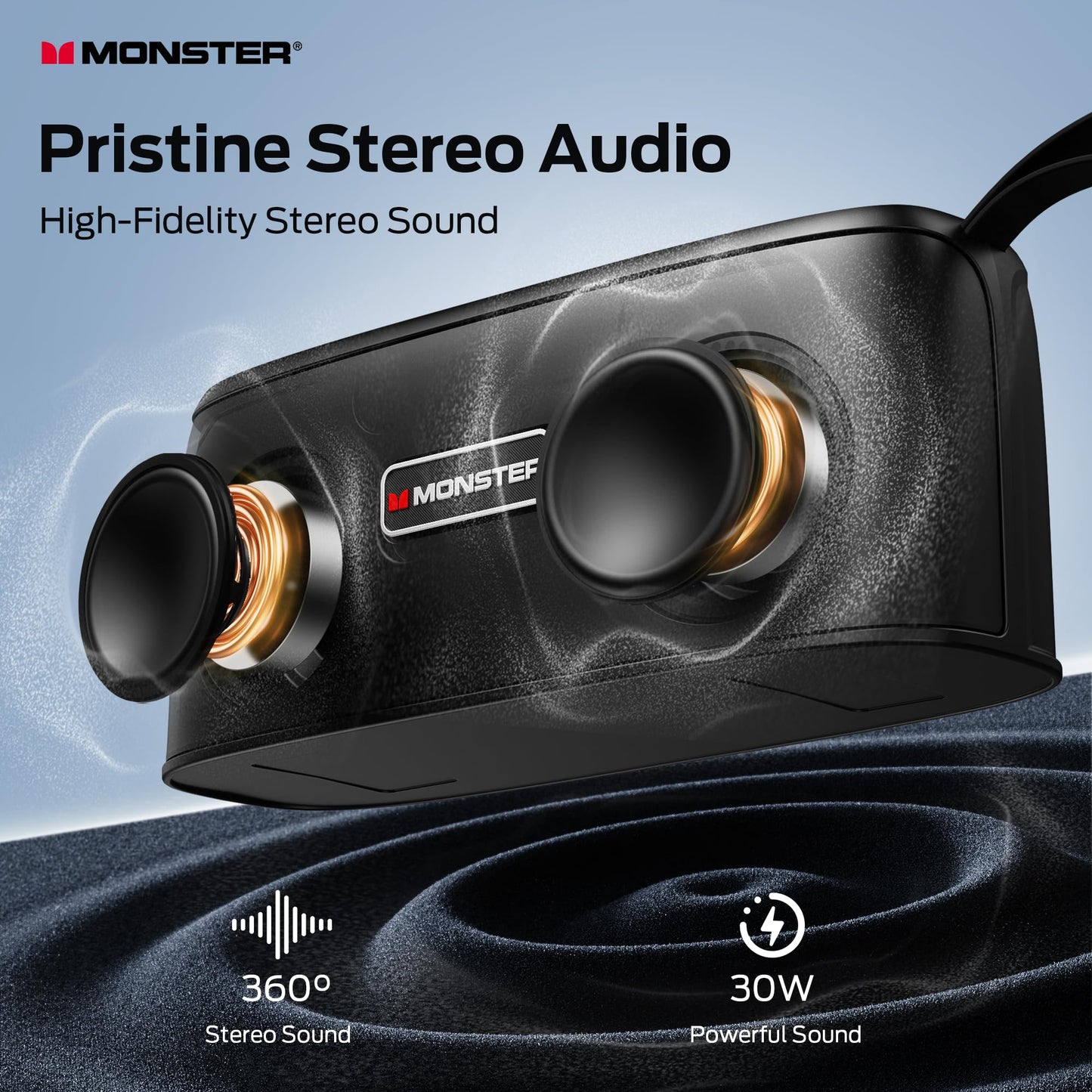 Monster Shock Portable Bluetooth Speaker, True Wireless Speaker, 30W Loud Stereo Sound, IPX6 Waterproof,17 Hours Playback, Bluetooth 5.4 TWS Pairing ,Outdoor Speakers with Handle