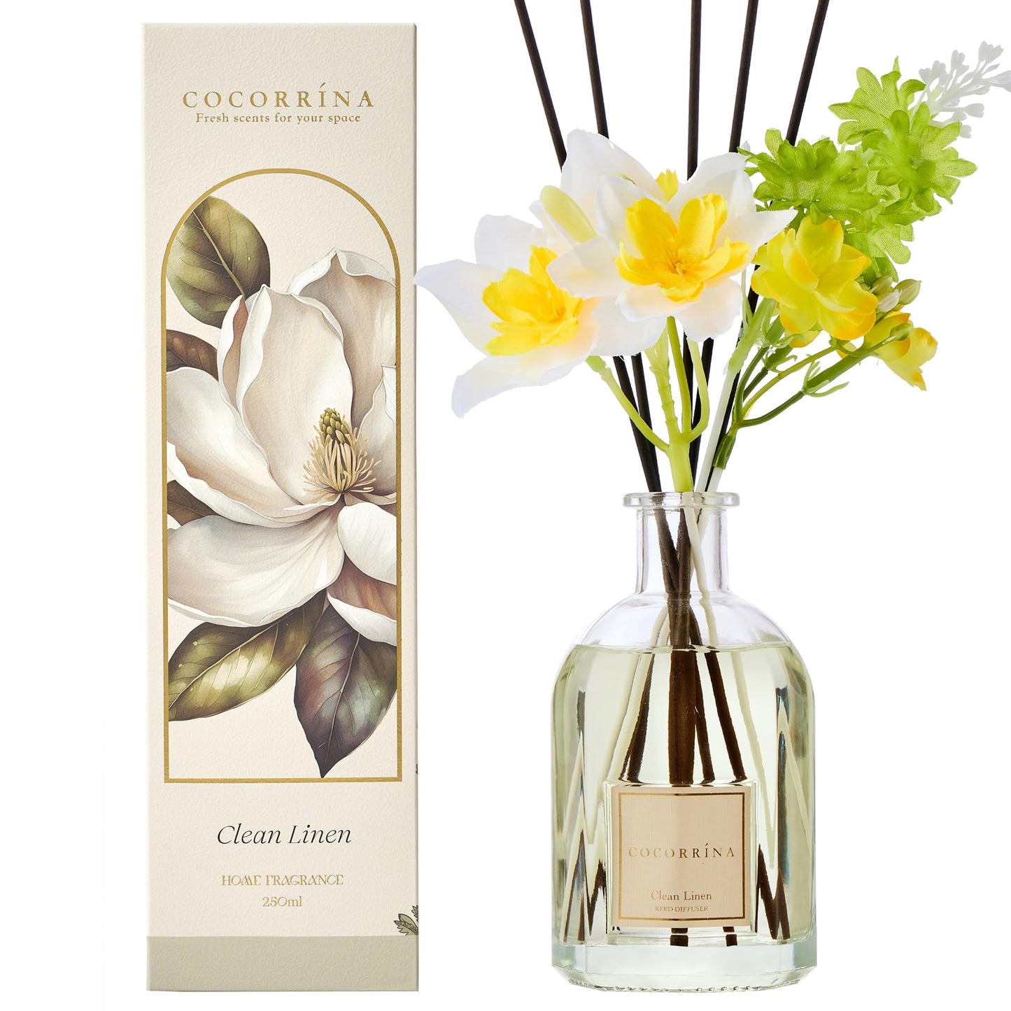 COCORRÍNA Reed Diffuser - Clean Linen 8.5 Fl.oz/ 250ml Flower Diffuser with 8 Sticks, Reed Diffusers for Home Bathroom Shelf Decor (Botanical Flower Collection)