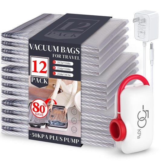 VMstr 12 Pack Vacuum Storage Bags for Travel, Carry-on Size for Luggage Compression Packing, Space Saver with High Pressure Electric Pump(D/C Power)