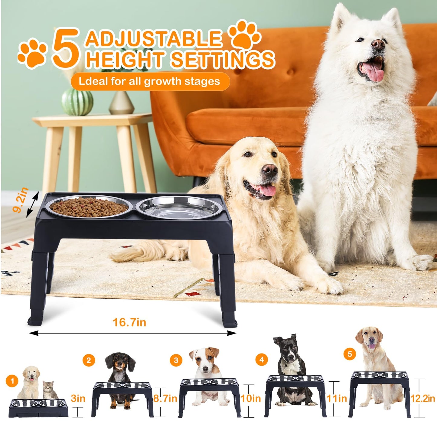 LALOBLUE Elevated Dog Bowls, Raised Dog Bowl with 2 Stainless Steel Dog Food Bowls, Dog Bowls Stand Adjusts to 5 Heights 2.95", 8.46", 9.65", 10.82", 12.01" for Small Medium Large Dogs Cats Pets,Black