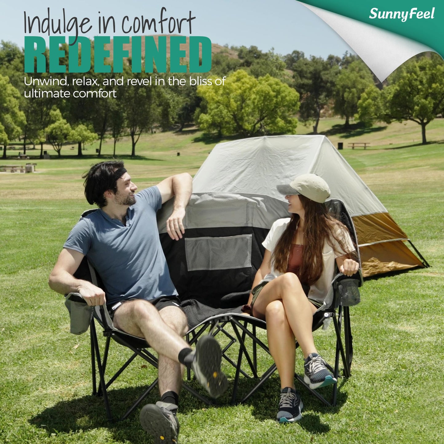 SUNNYFEEL Double Camping Chair, Portable Folding Loveseat with Cup Holders, Heavy Duty Steel Frame, Gray