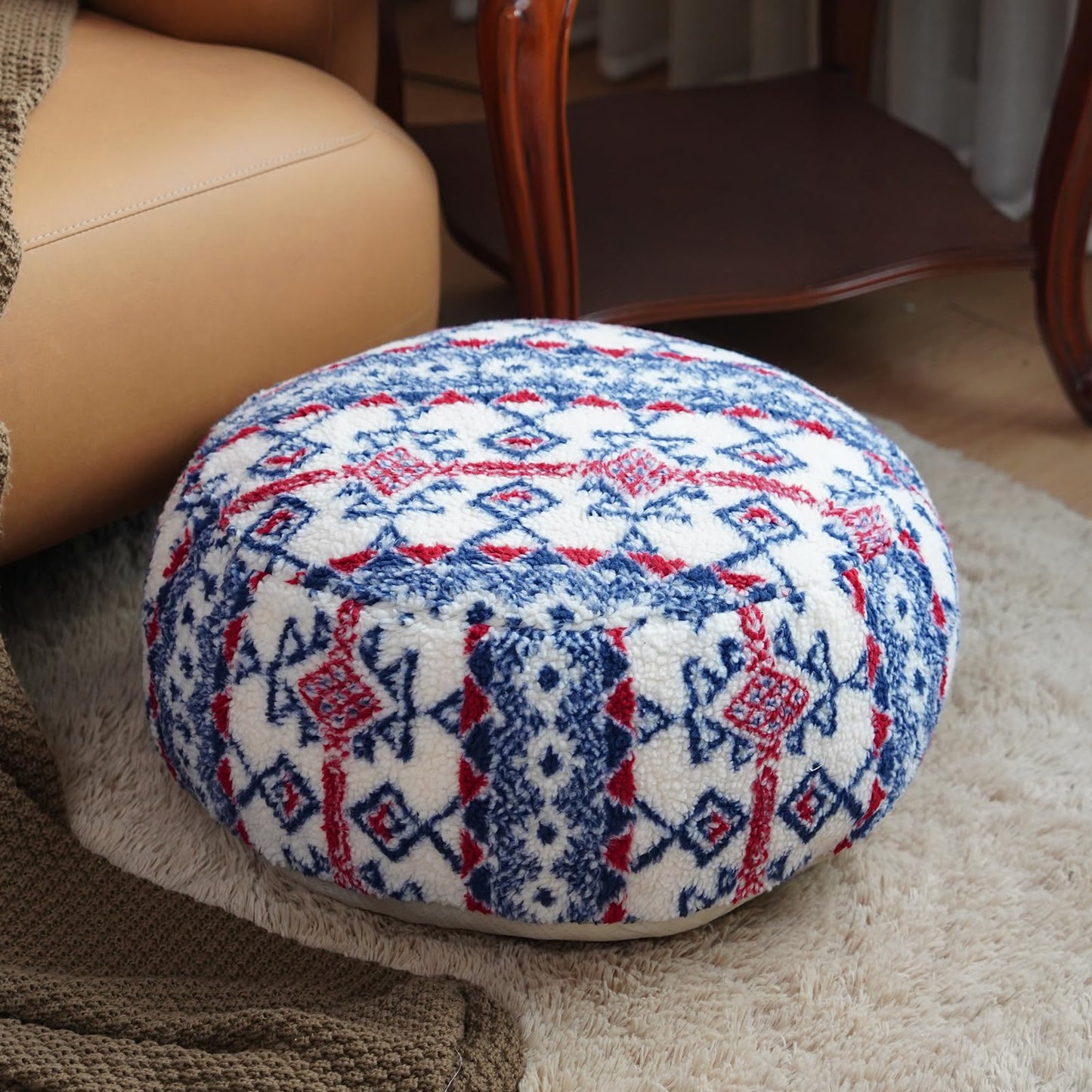 Artbloss Unstuffed Pouf Cover Ottoman Footrest Soft Touch Foot Stool Floor Bean Bag Floor Chair Storage for Living Room Bedroom Home Decor (Moroccan Blue, Round)