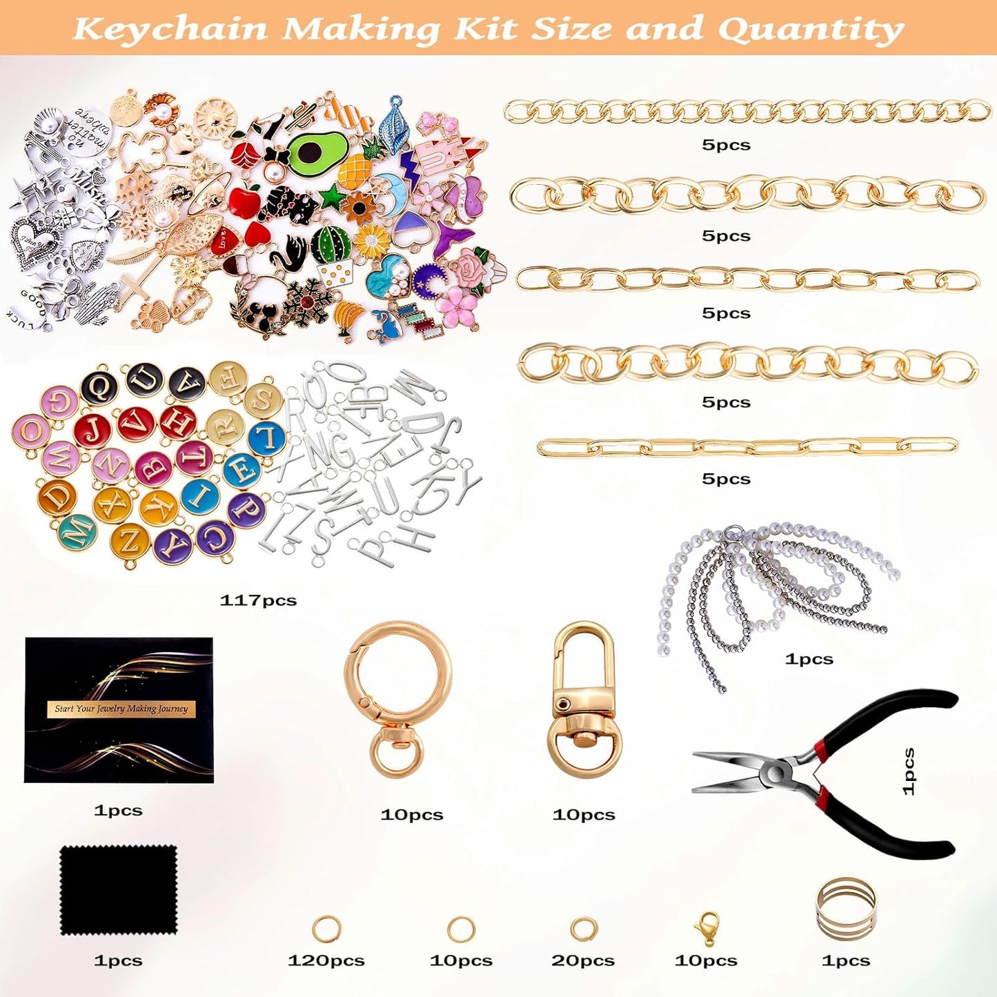 Wurosi 325Pcs Keychain Making Kit, Including 20 Keychain Clips 25 Extender Chain 118 Charms Jewelry Plier, Bag Charm Kit, Keychains Making Supplies for DIY Crafting and Jewelry Making
