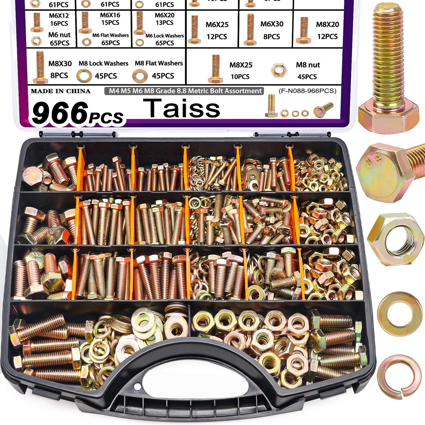 Taiss 966pcs Grade 8.8 Metric Bolt Assortment,Metric Bolts and Nuts Assortment,Bolt Kit M4 M5 M6 M8(12-30mm) Heavy Duty Hex Bolts and Nuts Kit Flat/Lock Washer Yellow Zinc Plated,with Handheld Box