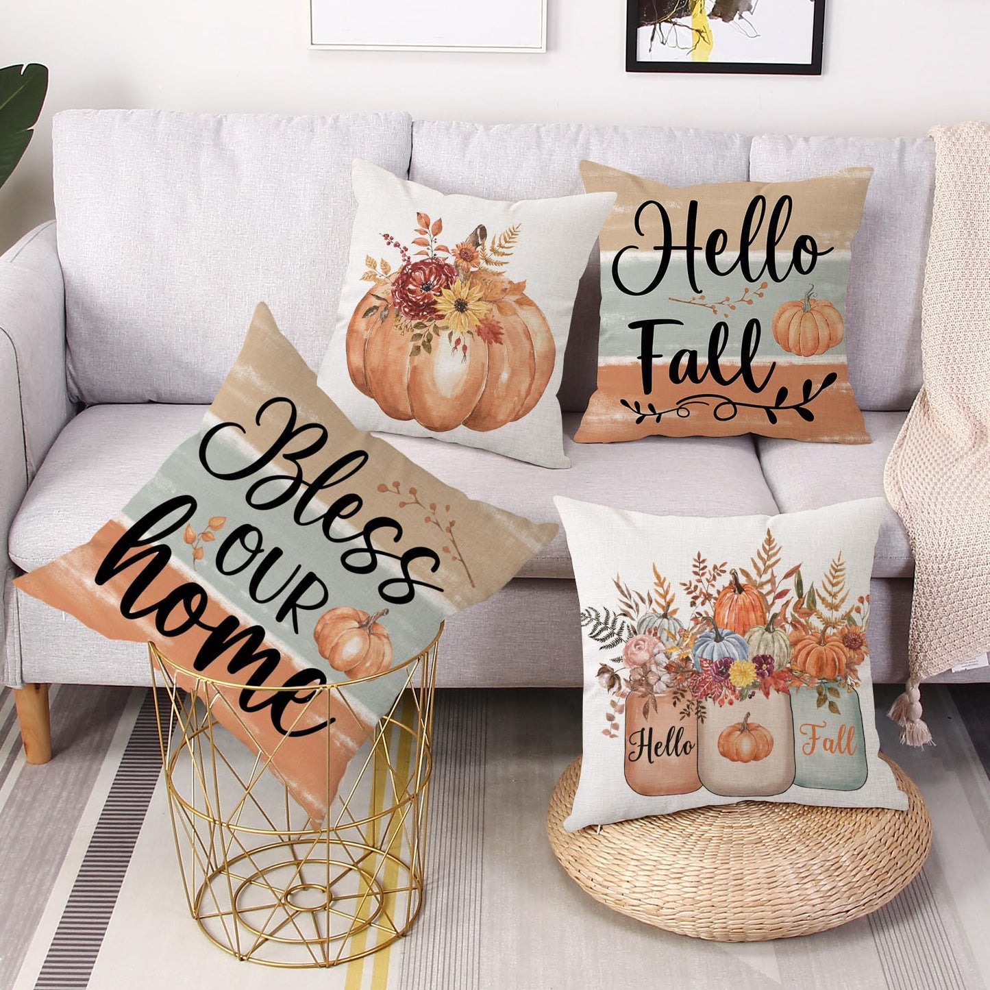 Gujiahone Fall Decorative Pillow Covers 18 x 18 Inch Set of 4 Bless Our Home Hello Fall Pumpkin Flowers Mason Jar Autumn Thanksgiving Farmhouse Decoration for Sofa Couch Living Room