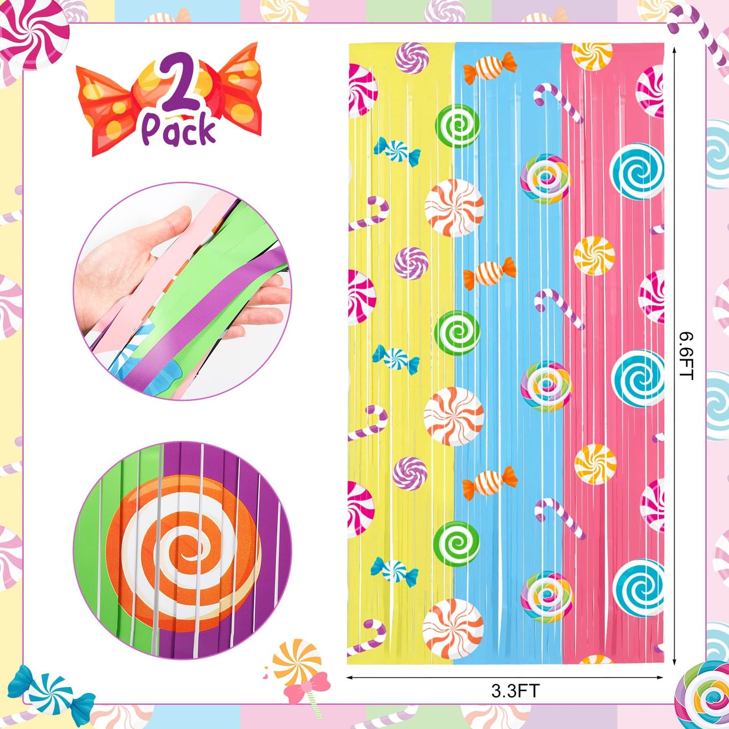 Blosssound 2 Packs Candyland Party Decorations 3.3 x 6.6 ft Candy Foil Fringe Curtain Dark Sweet Candy Tinsel Streamers for Lollipop Candyland Birthday Baby Shower Sweet Shop Party Decoration