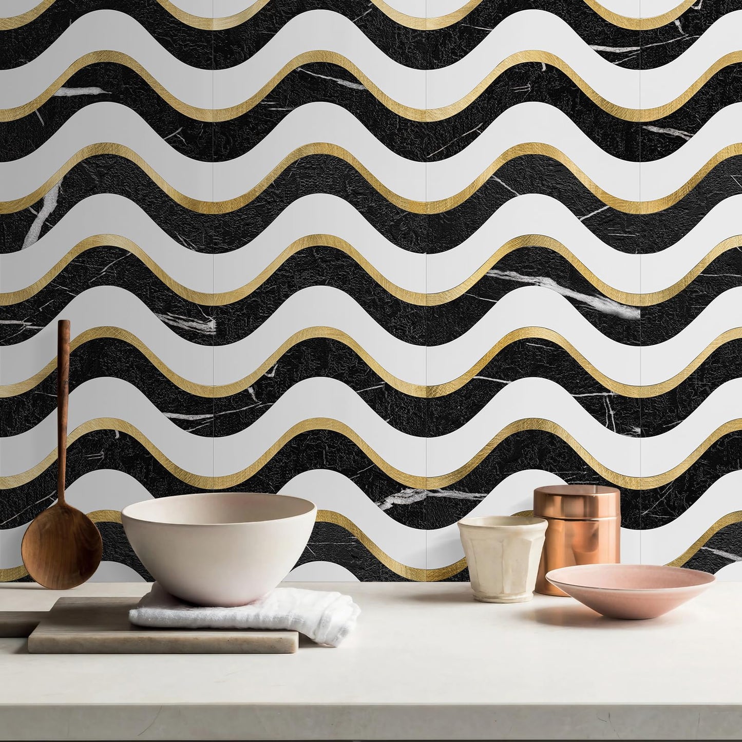 Vamos Tile 10-Sheet Peel and Stick Backsplash Seamless Tile,Stick on Backsplash for Kitchen and Bathroom, Black Marble Look+ Pure White PVC Mixed Metal Gold Self Adhesive Wall Tiles