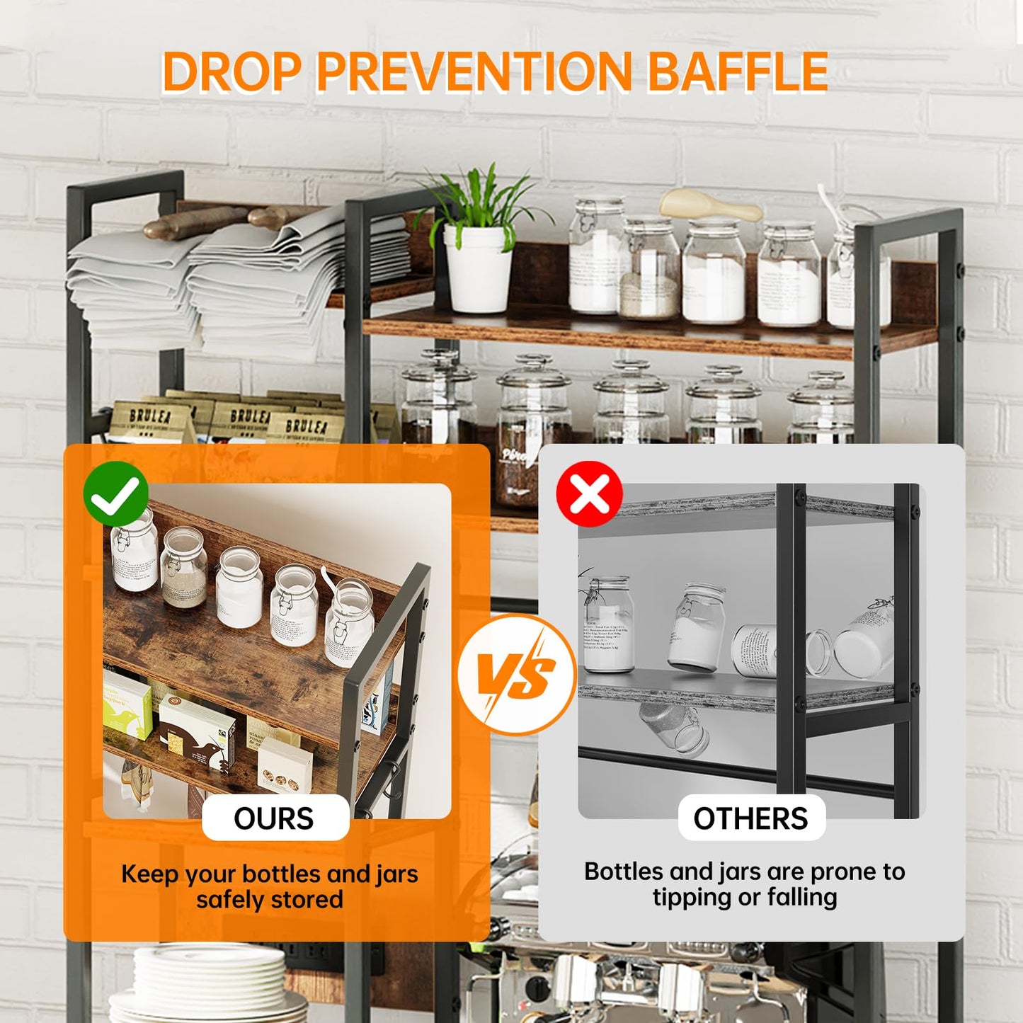 Airynee Bakers Rack with Power Outlet, 7-Tier Microwave Stand, Large Coffee Bar Stand with 12 Hooks & Wire Basket, Metal Kitchen Shelf Organizer for Pots, Spices, Easy Assembly, Rustic Brown