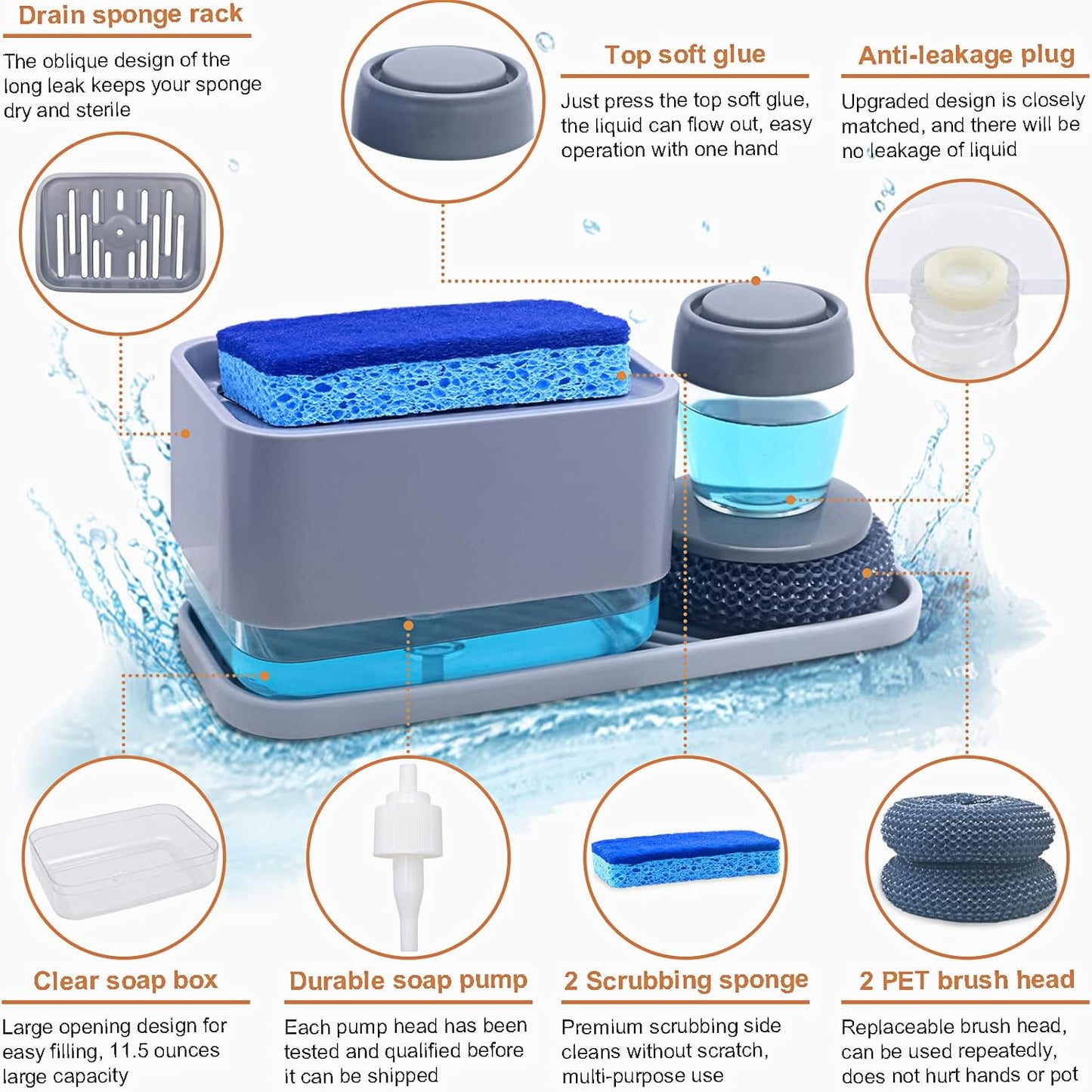 Dish Soap Dispenser with Sponge Holder for Kitchen Sink -4 in 1 Countertop Washing Up Liquid Dispenser-Dishwashing Soap Pump Dispenser for Kitchen Countertop