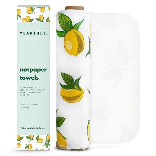 Reusable Paper Towels - 10 Pack - Roll of Washable Cotton Cloth Paper Towels - Paperless Reusable Napkins Cloth Washable - Absorbent + Long Lasting - Zero Waste Products - (Lemon)