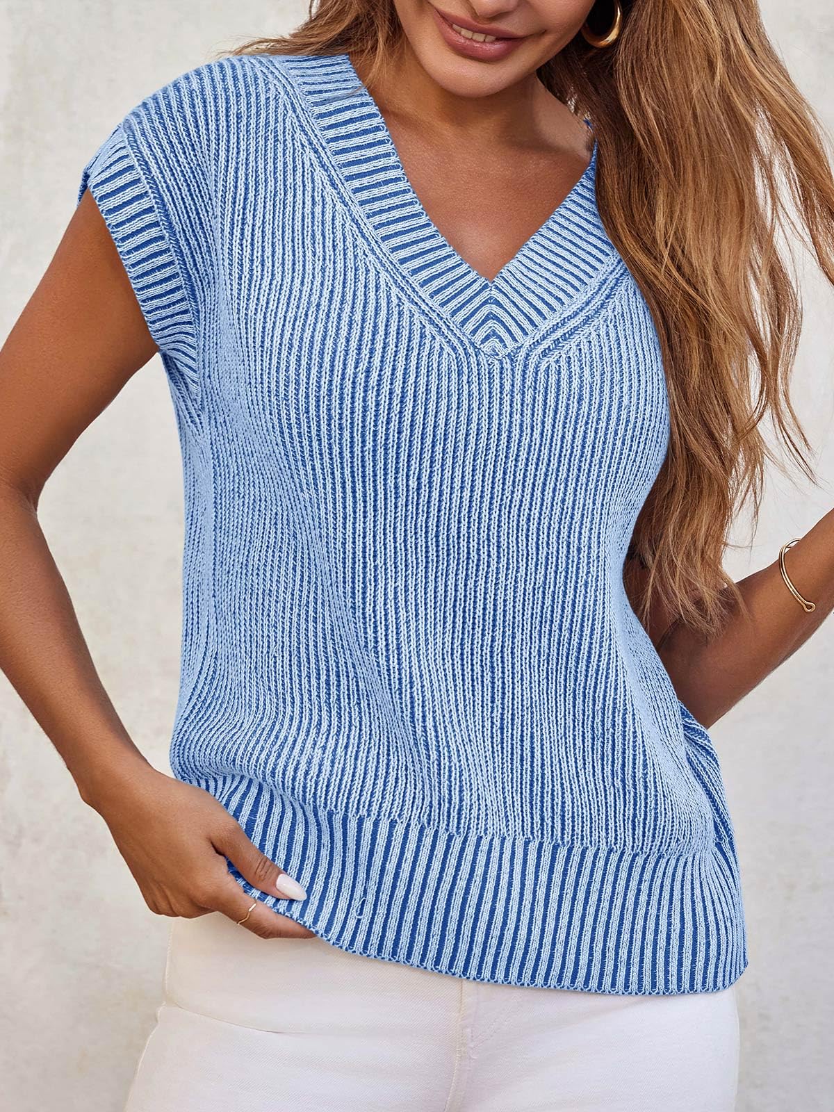 Saodimallsu Womens V Neck Short Sleeve Sweater Summer Lightweight Cap Sleeve Casual Loose Knit Pullover Tank Tops Blue