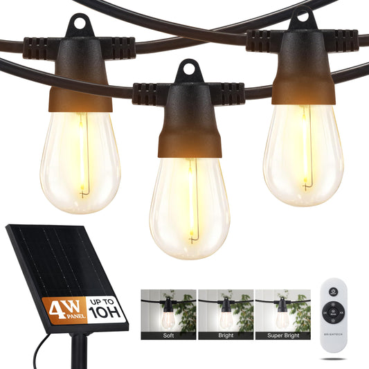 Brightech Ambience Pro Solar Powered Outdoor String Lights, 27 ft Commercial Grade Waterproof Patio Lights, 12 Edison Bulbs, Shatterproof LED String Lights for Outside, Porch - 1W Soft White