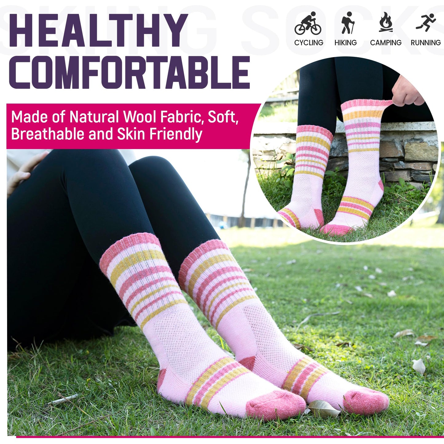 DoSmart Merino Wool Hiking Socks for Women Thermal Winter Warm Moisture Wicking Boot Work Cushion Gift Socks 5 Pairs(Stripe A,Medium)