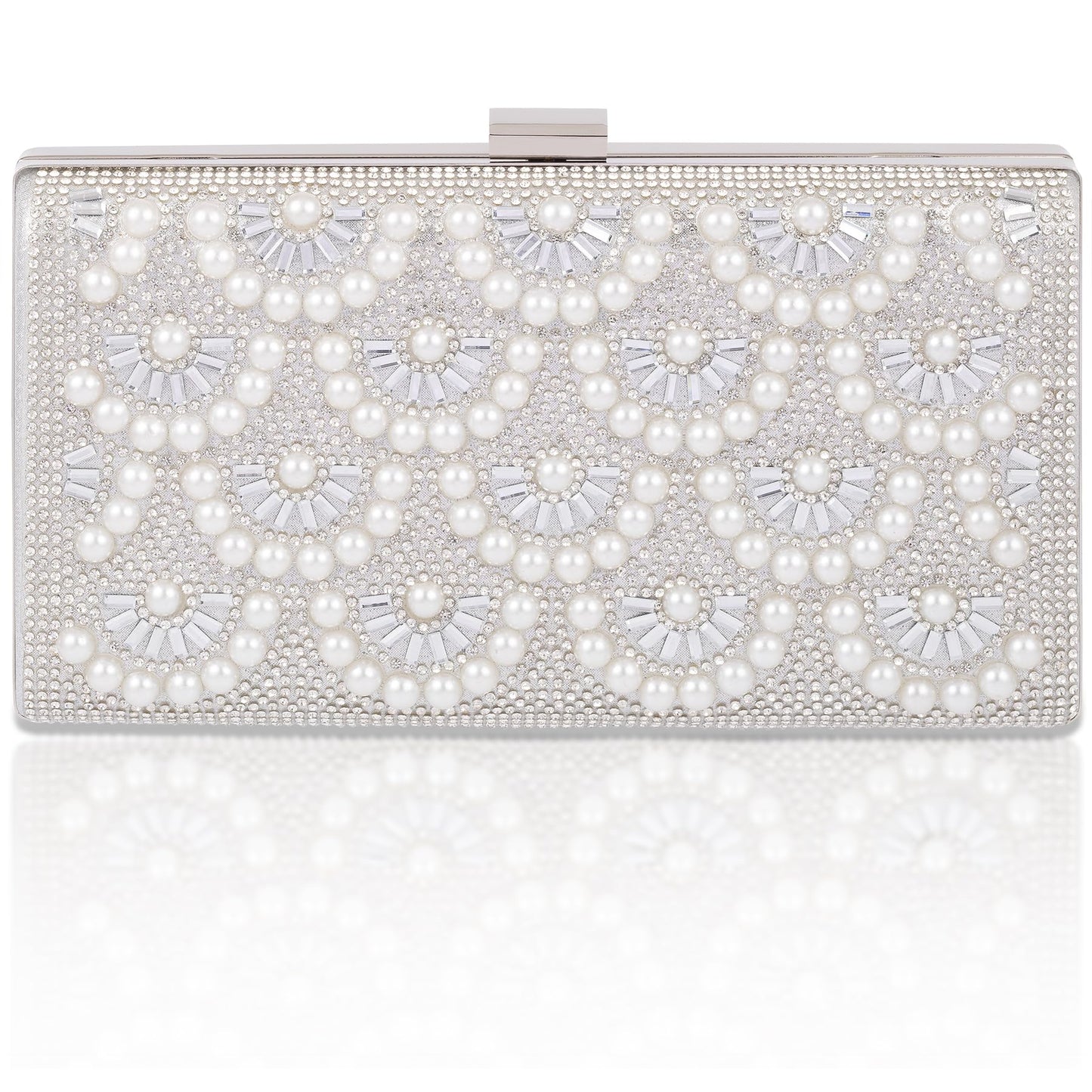 Women's Evening Clutch Handbags - Crossbody Purses Rhinestone Bag with Chains for Womens Ladies Girls Wedding Party, Sparkly Pearl Shoulder Clutches Bag Silver