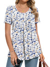 MUSE SHOW Women's 2025 Summer Tops Short Sleeve Tunic Shirts Casual Comfy Blouse White and Blue Flowers L