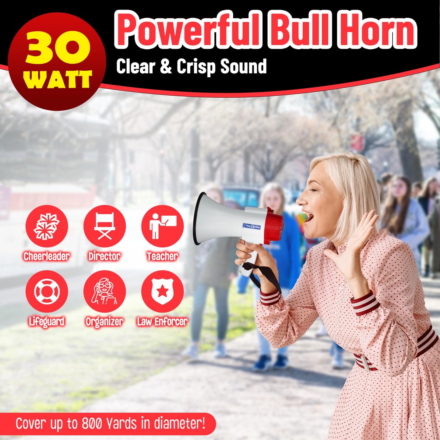 Megaphone Bullhorn | 30-Watt Bull Horn Speaker with Record & Play | Plus Voice Changer for Adults with Siren & Whistle | Blow Horn Loud Speaker with Bluetooth Connection