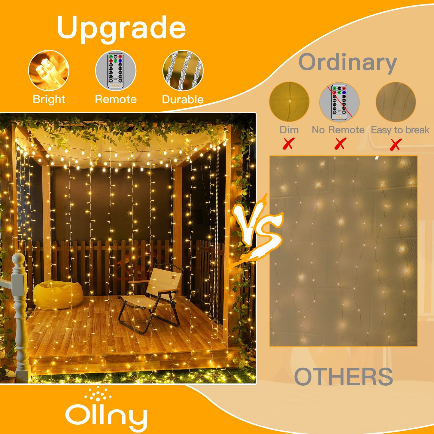 Ollny Curtain Lights 6.6x6.6ft, 200 LED String Lights with Remote 8 Modes Dimmable Timer, USB Power Fairy Light for Bedroom Backdrop Indoor Wall Window Wedding Decor, Warm White