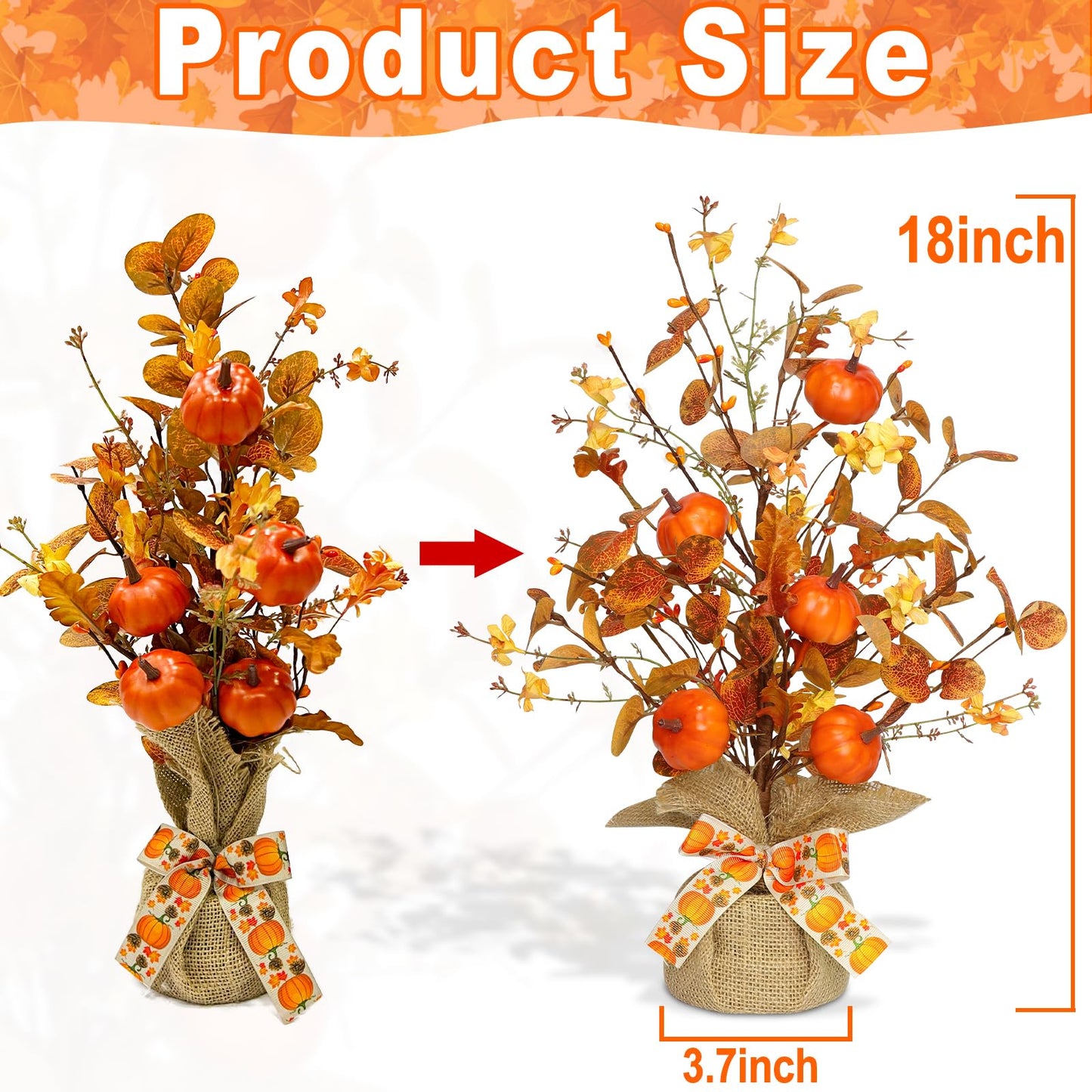 2 Pack & Timer - TURNMEON Lighted Fall Tree Tabletop Fall Decor with 30 LED Battery Operated Artificial Eucalyptus Tree Pumpkins Floral Berries Burlap Base Fall Thanksgiving Decorations Home Indoor