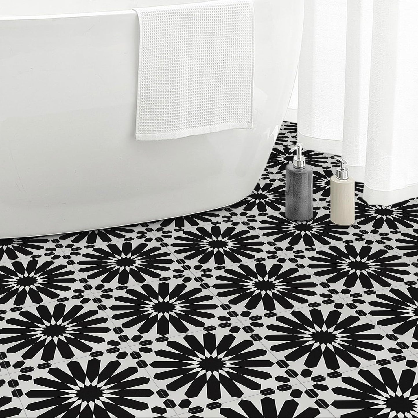 Elffloor Peel and Stick Floor Tile, Black and White Flower Waterproof Vinyl Flooring, 11.8 in×11.8 in, Peel and Stick Flooring for Bathroom, Kitchen, Bedroom, 10 Pcs