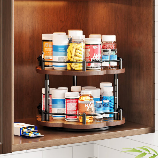 Lazy Susan Spice Rack Organization for Cabinet - 2 Tier Adjustable Height Lazy Turntable Spice Organizer for Kitchen Countertop & Pantry, Wood 10 Inch Seasoning Storage, Black