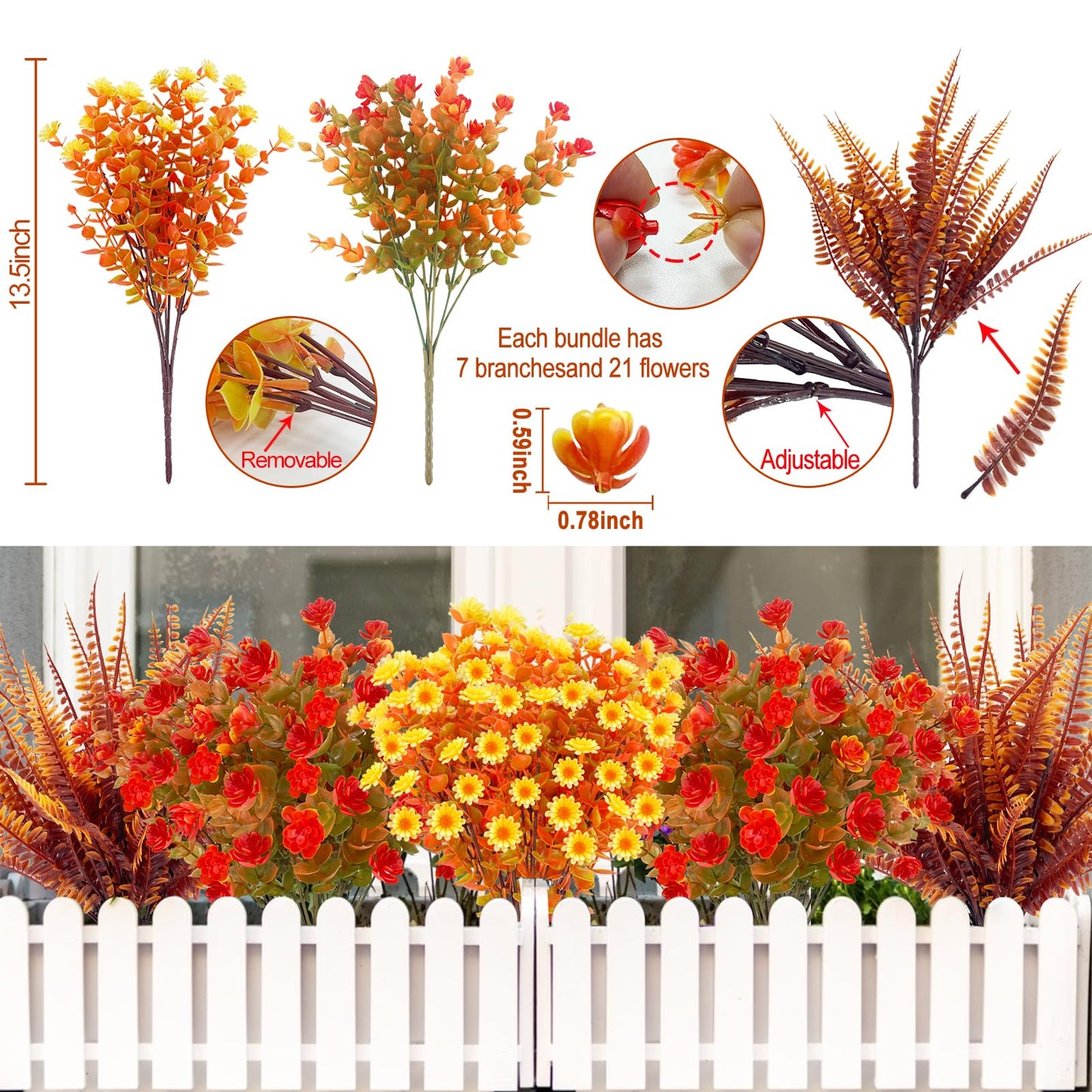 TURNMEON 12 Bundles Artificial Fall Flowers for Outdoors Fall Decorations,UV Resistant Fake Mums Faux Fall Plants Plastic Orange Boston Fern Eucalyptus Home Gardens Porch Autumn Thanksgiving Decor