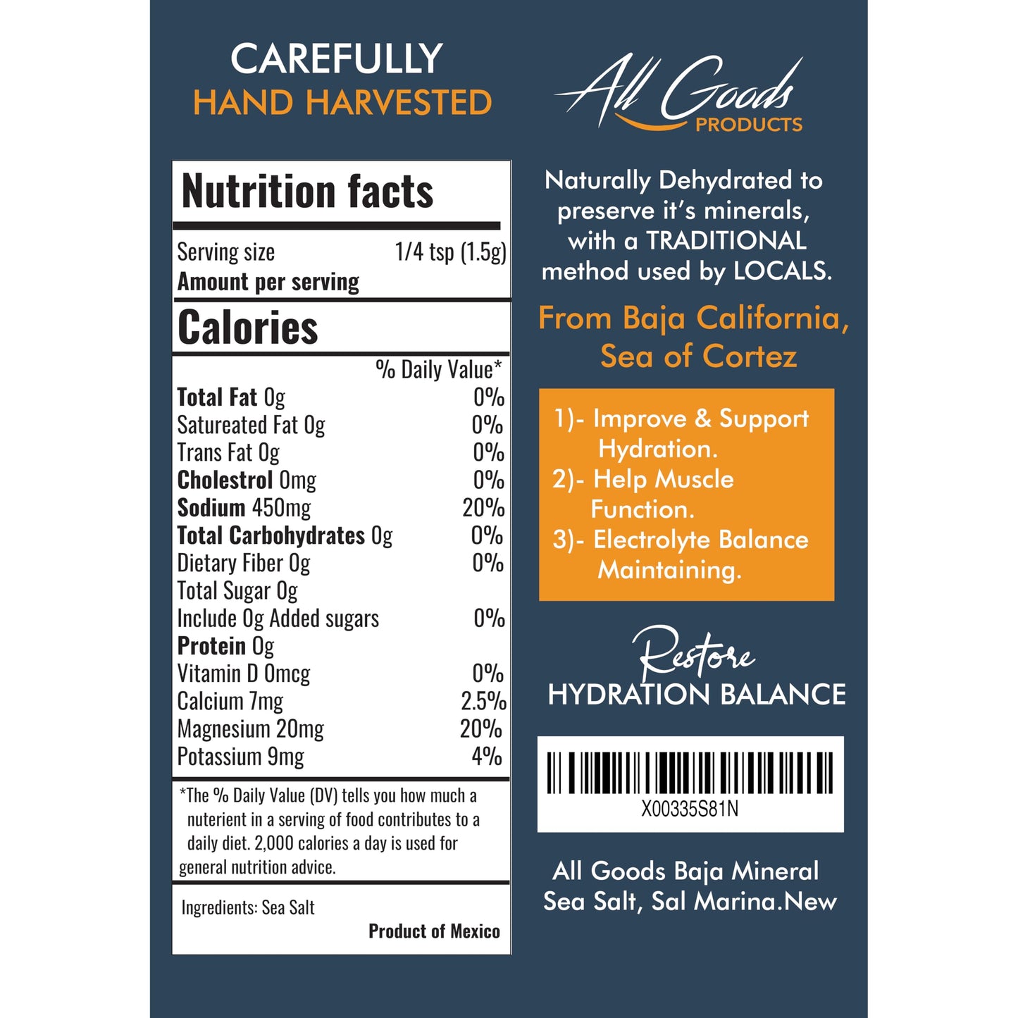 Baja Fine Grain Sea Salt, 16 oz Natural Mineral Salt from Mexico, Unrefined, Hand-Harvested, 90+ Essential Minerals, Kosher, 30% Low Sodium.