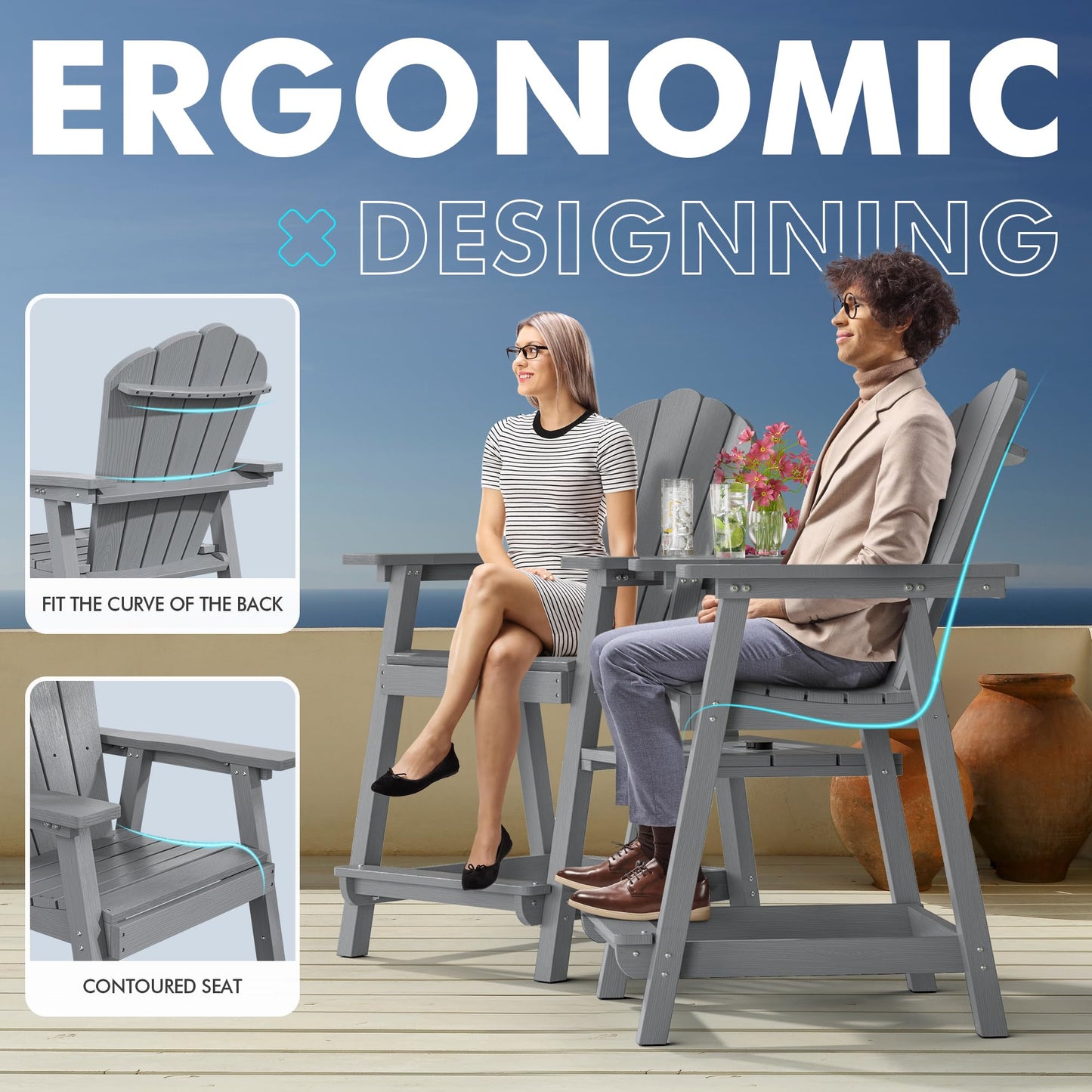 PatioPerk Tall Adirondack Chair Set of 2 with Double Connecting Tray, Recycled HDPE with Wood Grain, Weather Resistant, Outdoor Adirondack Chairs for Deck, Balcony, Patio, Backyard, Light Grey