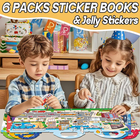 6 Sets Reusable Sticker Books for Toddlers 1-3, Jelly Sticker Books for Toddlers 2-4 Years, Toddler Travel Toys for Kids 2 3 4 Year Old Girls Boys